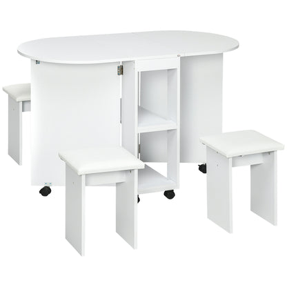 5-Piece Kitchen Set, Folding Table with 2 Shelves and 4 Particle Board Stools, White