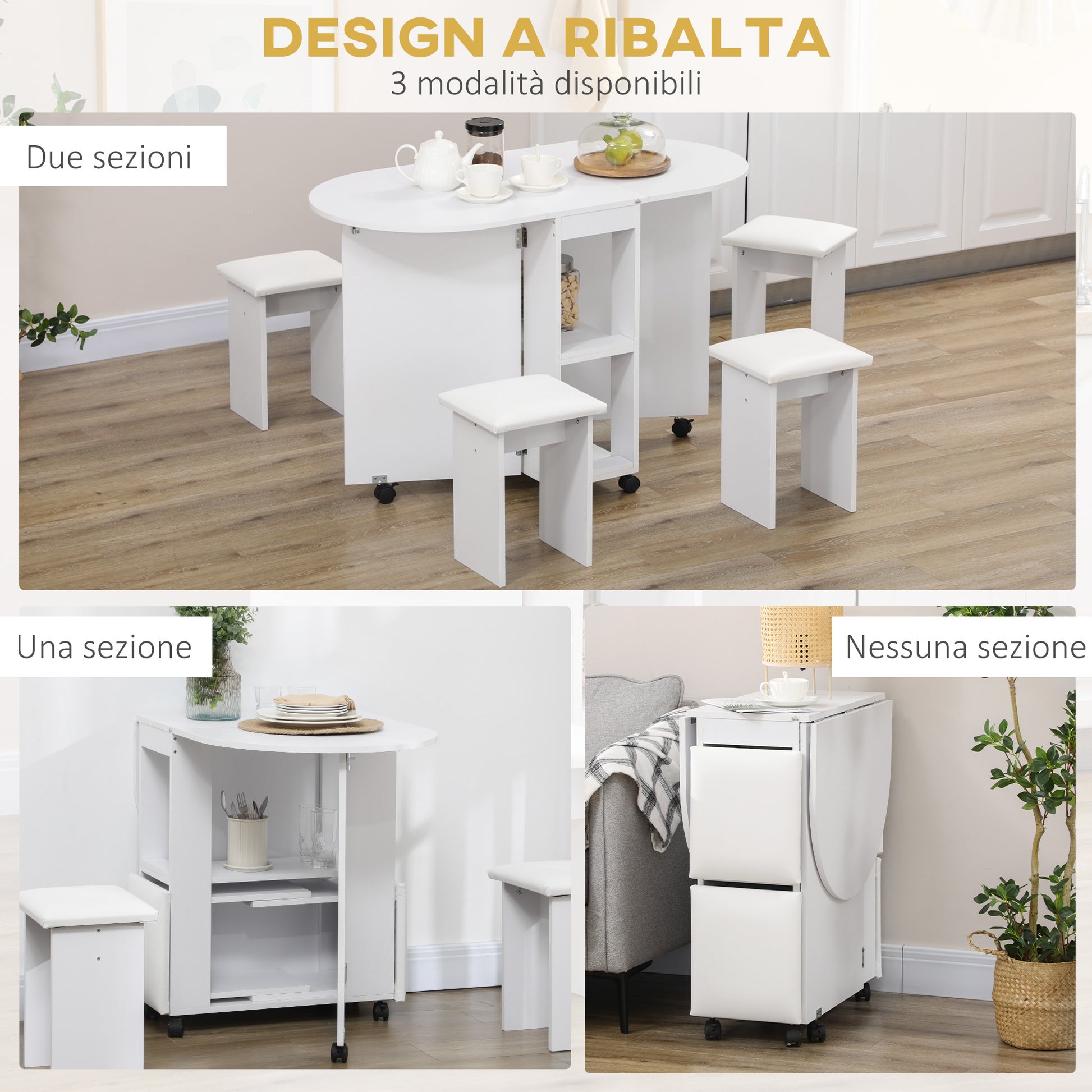 5-Piece Kitchen Set, Folding Table with 2 Shelves and 4 Particle Board Stools, White
