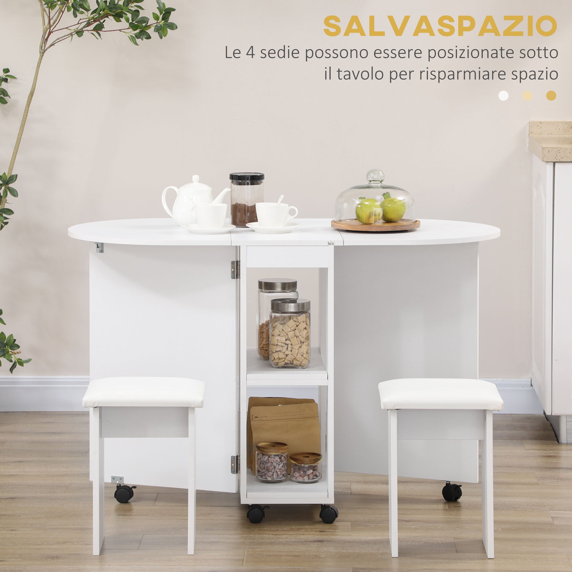 5-Piece Kitchen Set, Folding Table with 2 Shelves and 4 Particle Board Stools, White