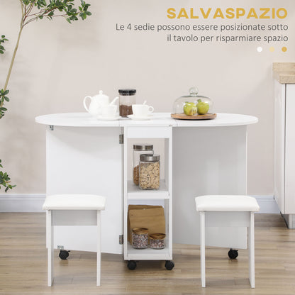 5-Piece Kitchen Set, Folding Table with 2 Shelves and 4 Particle Board Stools, White