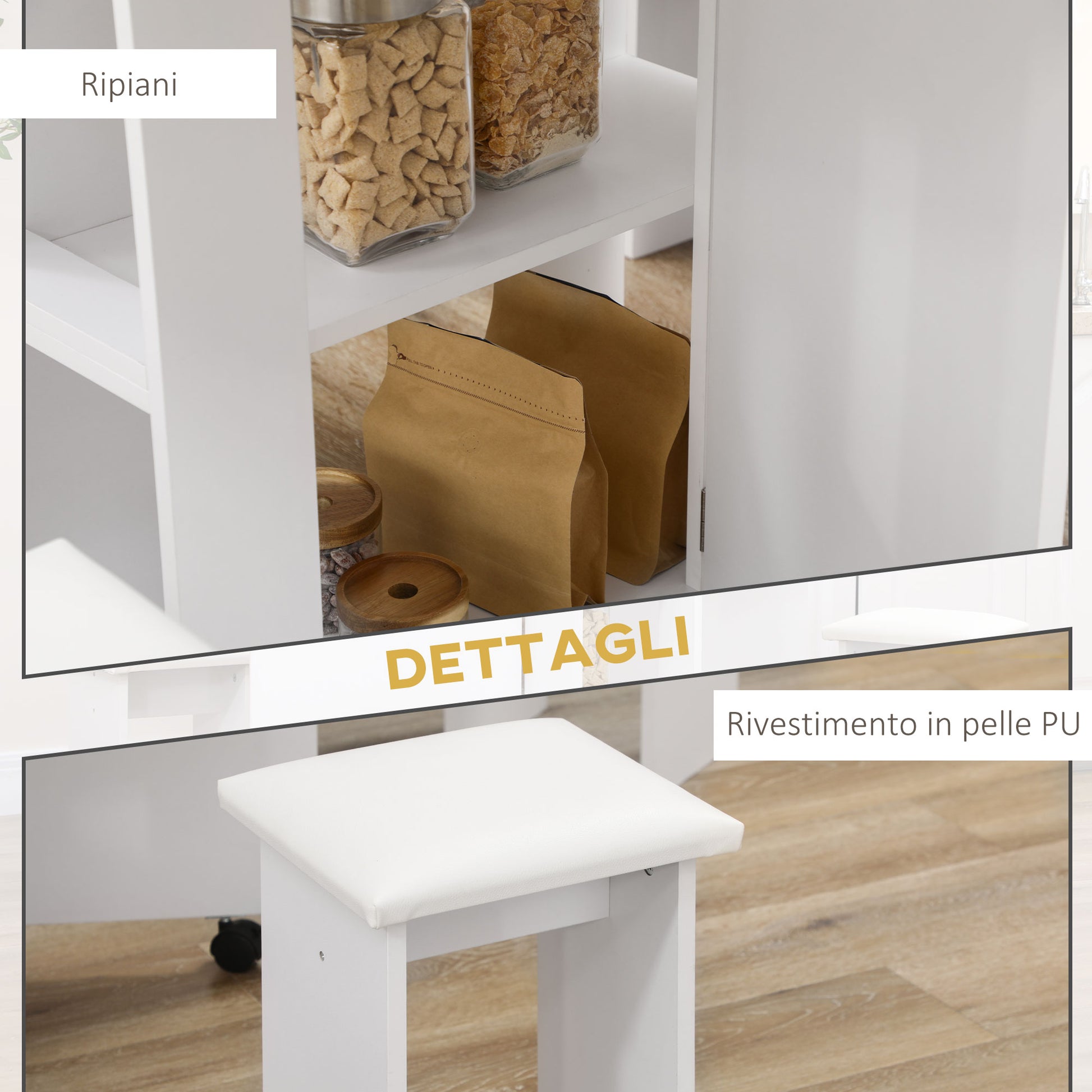 5-Piece Kitchen Set, Folding Table with 2 Shelves and 4 Particle Board Stools, White