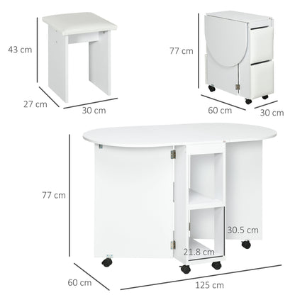5-Piece Kitchen Set, Folding Table with 2 Shelves and 4 Particle Board Stools, White