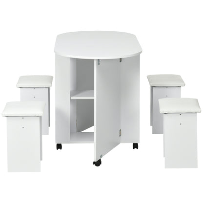 5-Piece Kitchen Set, Folding Table with 2 Shelves and 4 Particle Board Stools, White