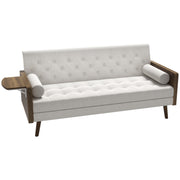 Sofa Bed with 3 Seats in Scandinavian Design, Adjustable Backrest in 3 Positions, Foldable Tray, 2 Cushions Included, Slim Eucalyptus Wood Legs, Fabric in Cotton and Polyester Linen Look, Beige