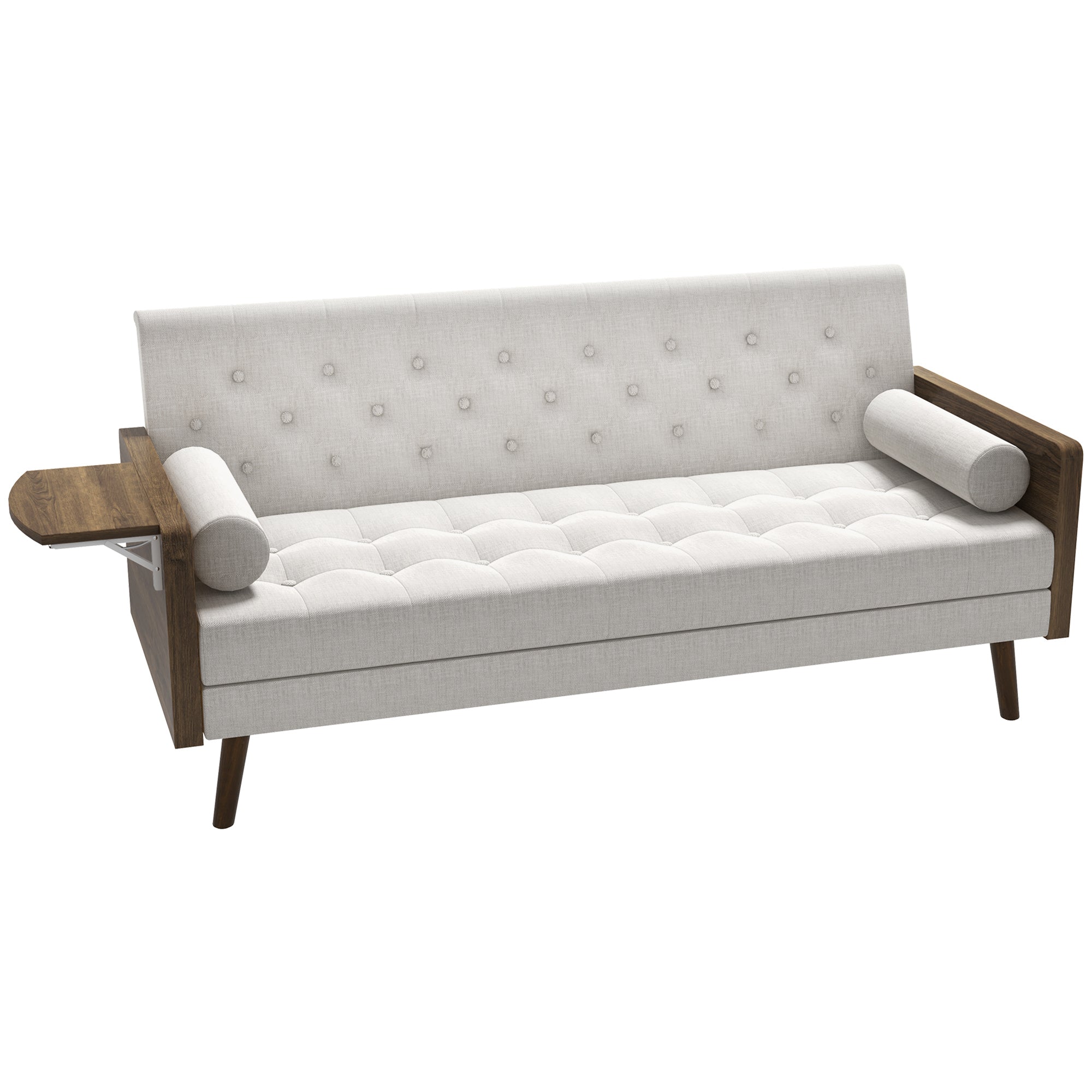 Sofa Bed with 3 Seats in Scandinavian Design, Adjustable Backrest in 3 Positions, Foldable Tray, 2 Cushions Included, Slim Eucalyptus Wood Legs, Fabric in Cotton and Polyester Linen Look, Beige