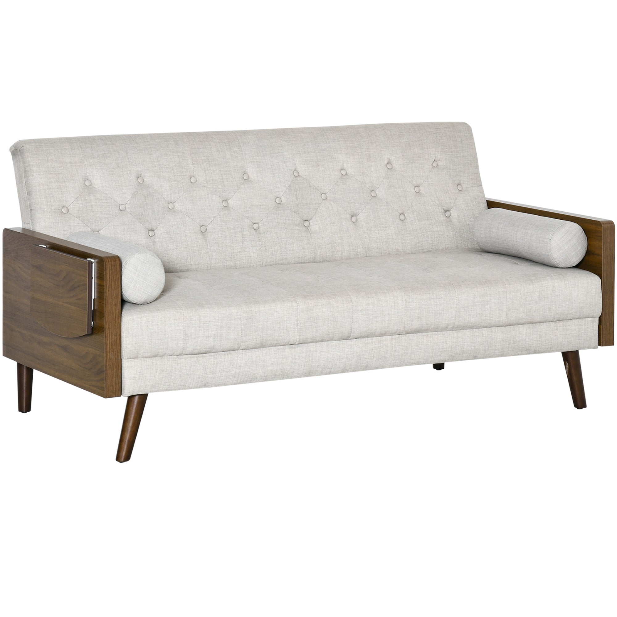 Sofa Bed with 3 Seats in Scandinavian Design, Adjustable Backrest in 3 Positions, Foldable Tray, 2 Cushions Included, Slim Eucalyptus Wood Legs, Fabric in Cotton and Polyester Linen Look, Beige