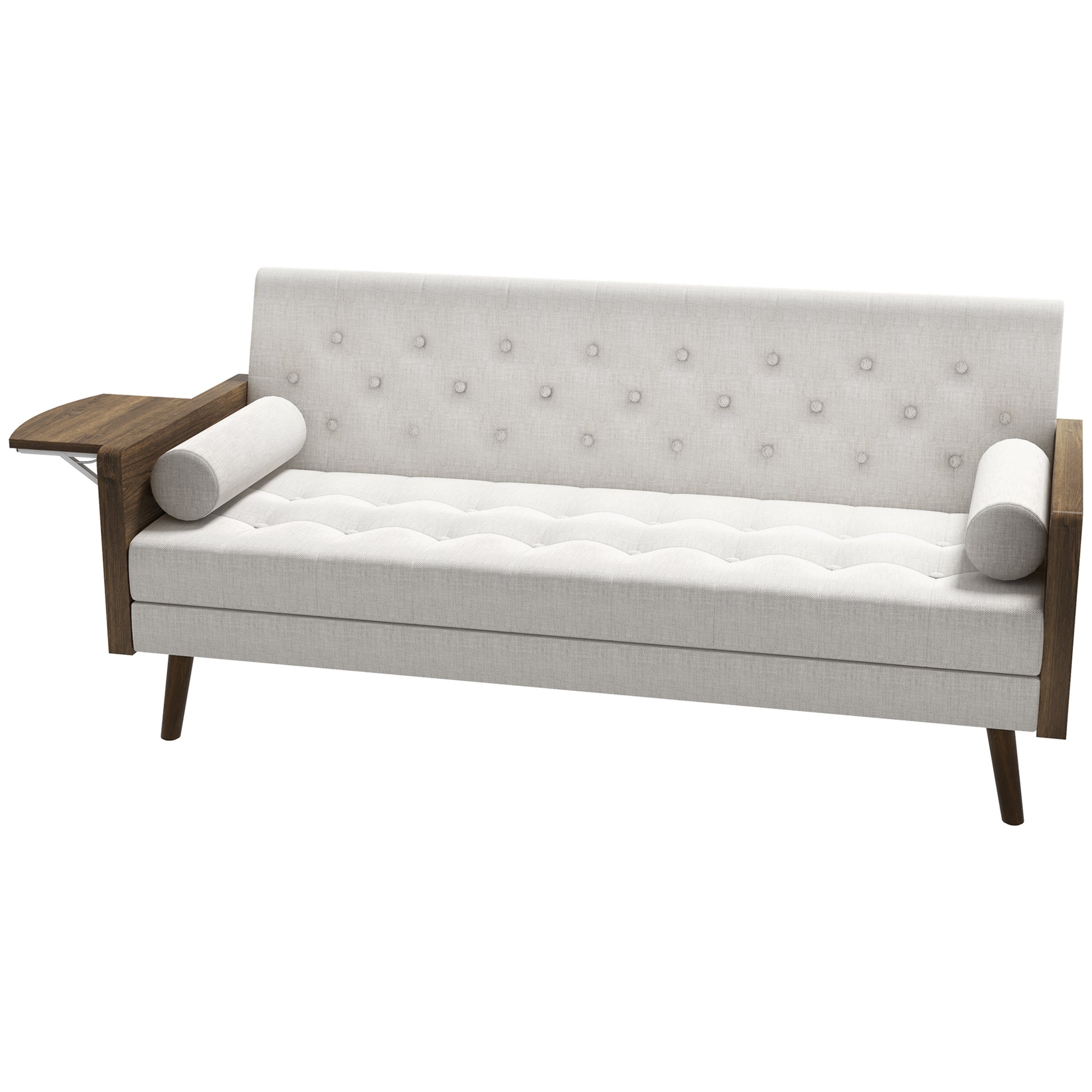 Sofa Bed with 3 Seats in Scandinavian Design, Adjustable Backrest in 3 Positions, Foldable Tray, 2 Cushions Included, Slim Eucalyptus Wood Legs, Fabric in Cotton and Polyester Linen Look, Beige