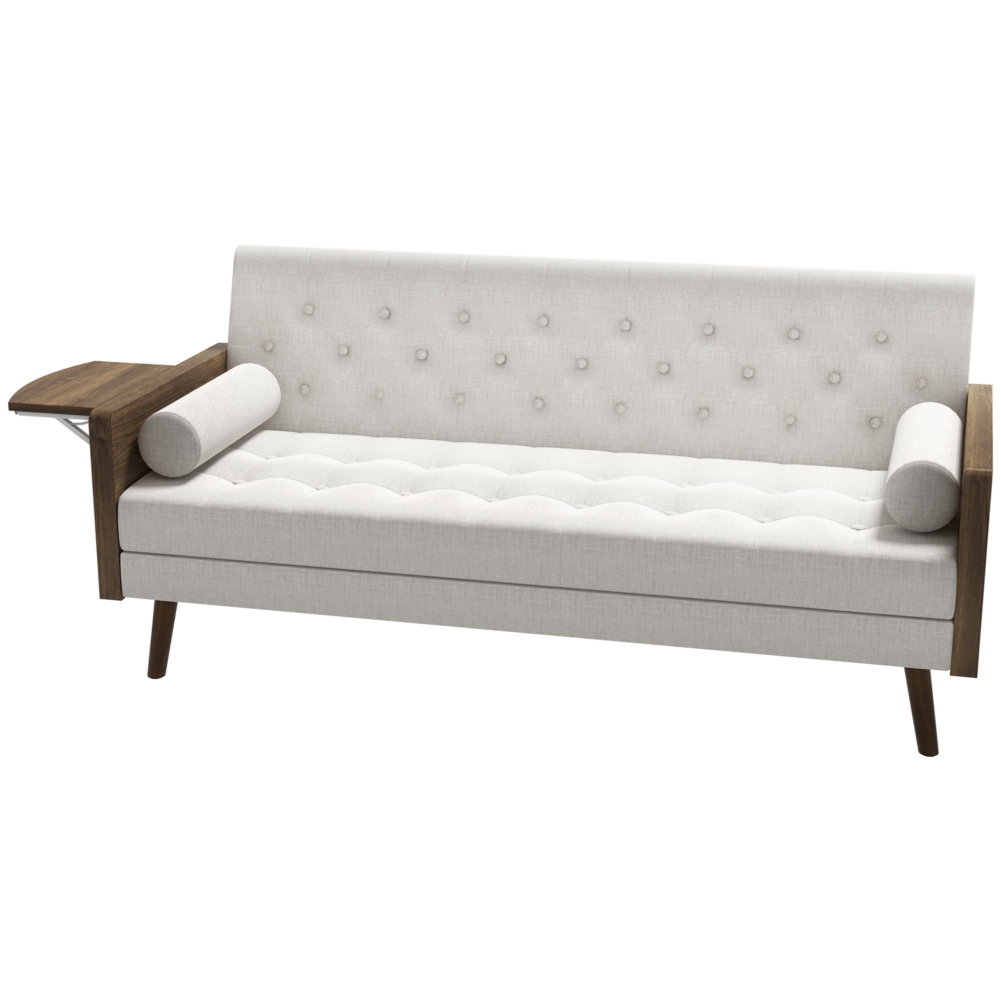 Sofa Bed with 3 Seats in Scandinavian Design, Adjustable Backrest in 3 Positions, Foldable Tray, 2 Cushions Included, Slim Eucalyptus Wood Legs, Fabric in Cotton and Polyester Linen Look, Beige