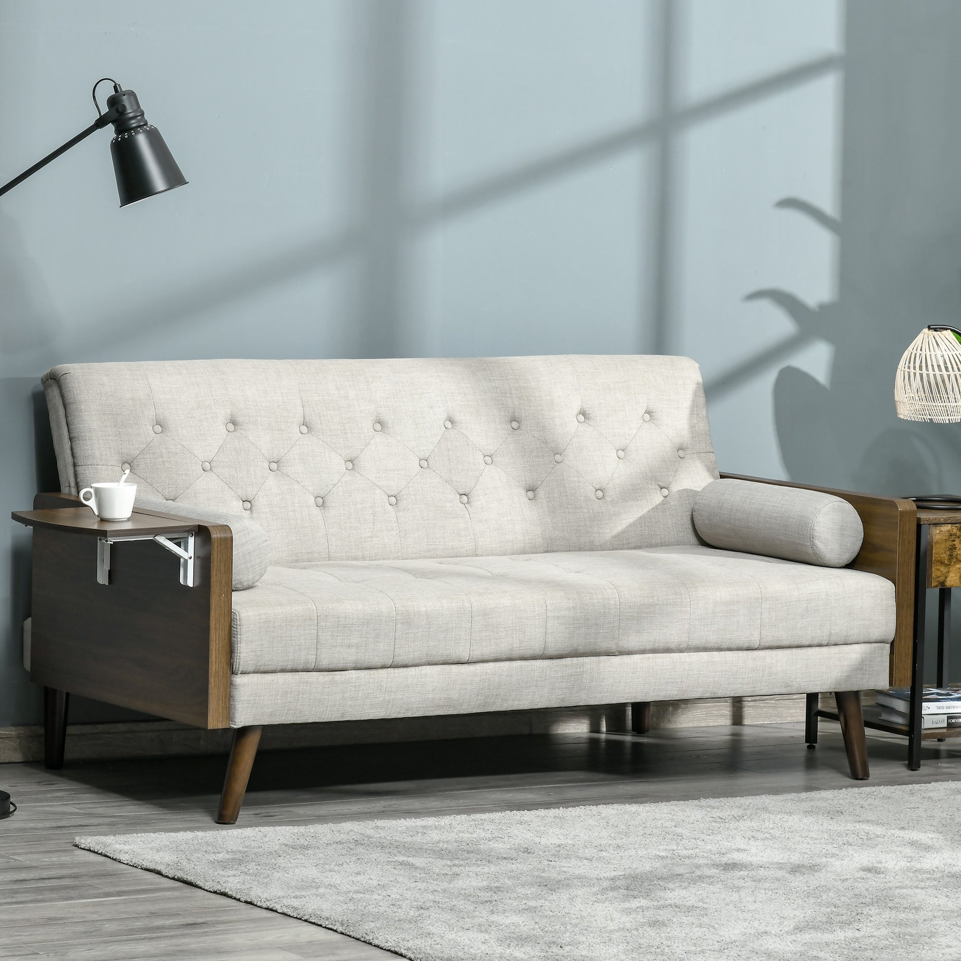 Sofa Bed with 3 Seats in Scandinavian Design, Adjustable Backrest in 3 Positions, Foldable Tray, 2 Cushions Included, Slim Eucalyptus Wood Legs, Fabric in Cotton and Polyester Linen Look, Beige