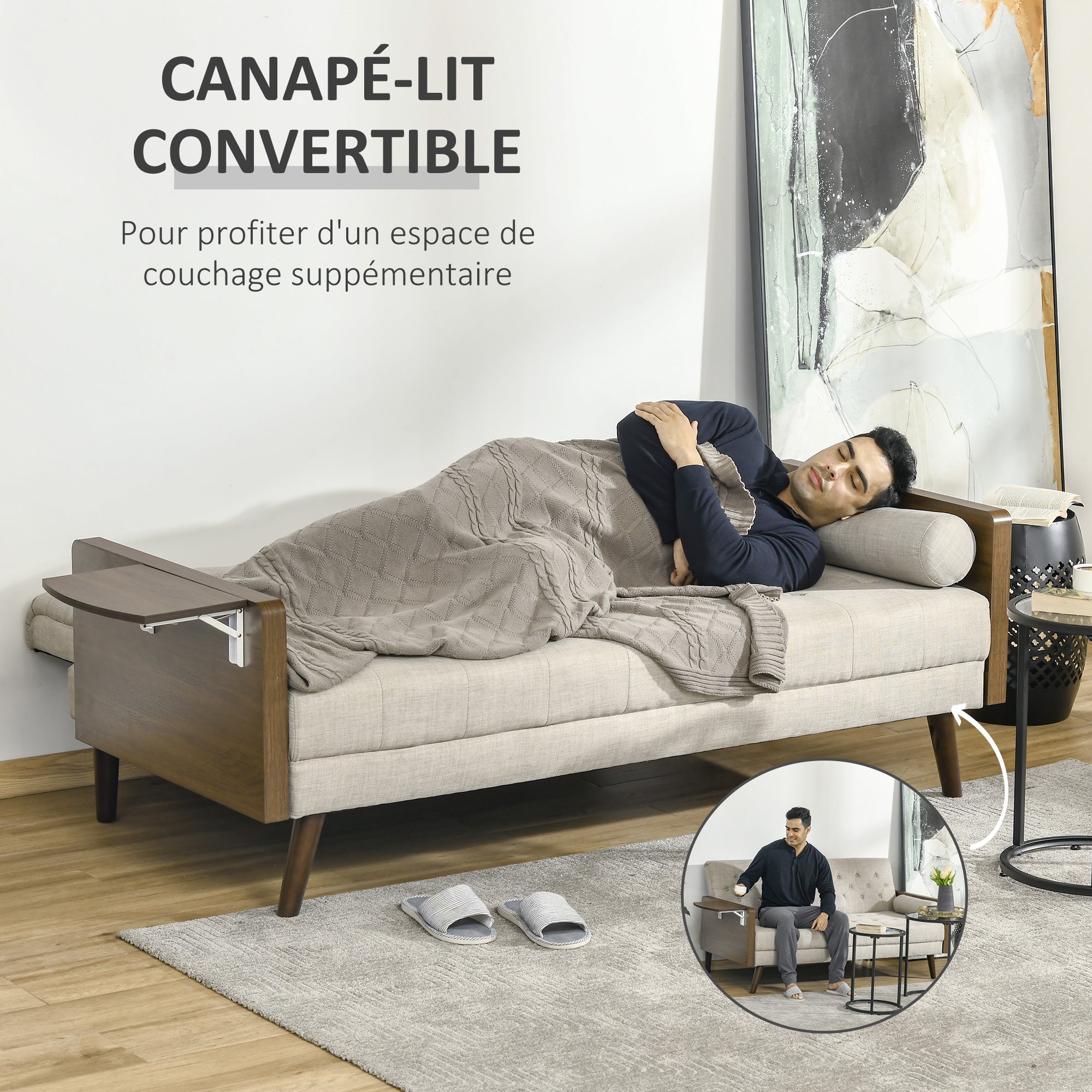 Sofa Bed with 3 Seats in Scandinavian Design, Adjustable Backrest in 3 Positions, Foldable Tray, 2 Cushions Included, Slim Eucalyptus Wood Legs, Fabric in Cotton and Polyester Linen Look, Beige
