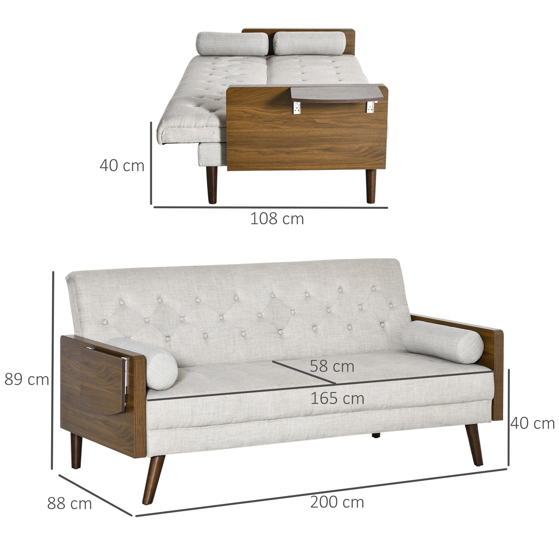 Sofa Bed with 3 Seats in Scandinavian Design, Adjustable Backrest in 3 Positions, Foldable Tray, 2 Cushions Included, Slim Eucalyptus Wood Legs, Fabric in Cotton and Polyester Linen Look, Beige