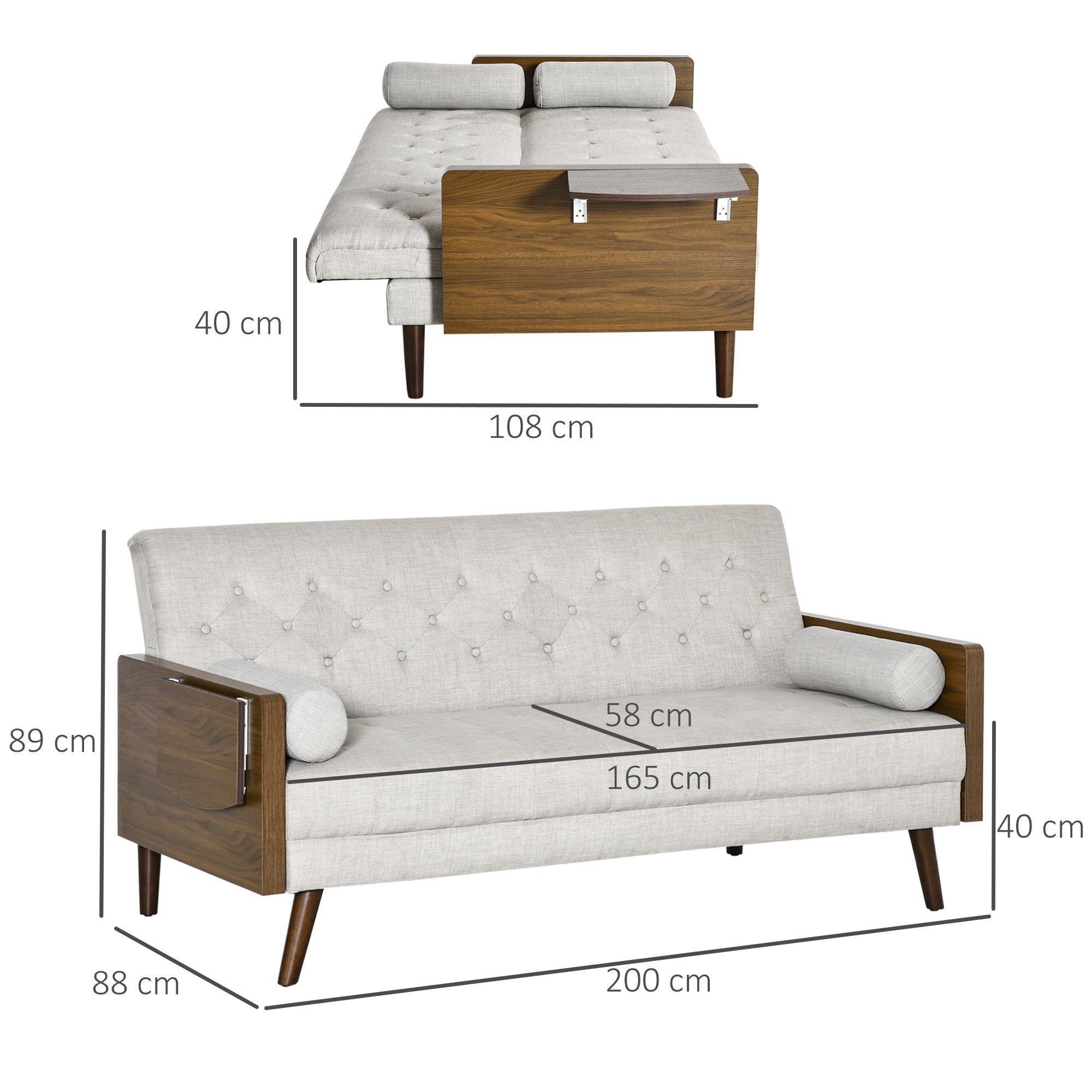 Sofa Bed with 3 Seats in Scandinavian Design, Adjustable Backrest in 3 Positions, Foldable Tray, 2 Cushions Included, Slim Eucalyptus Wood Legs, Fabric in Cotton and Polyester Linen Look, Beige