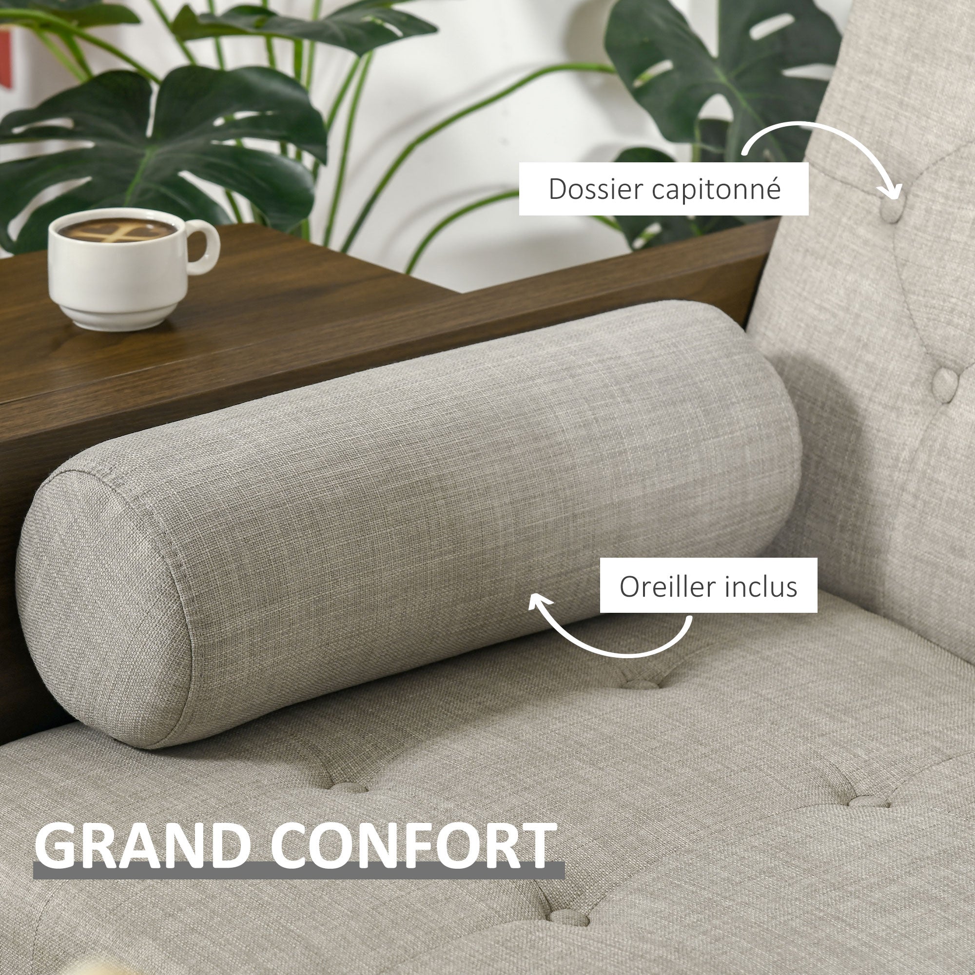 Sofa Bed with 3 Seats in Scandinavian Design, Adjustable Backrest in 3 Positions, Foldable Tray, 2 Cushions Included, Slim Eucalyptus Wood Legs, Fabric in Cotton and Polyester Linen Look, Beige