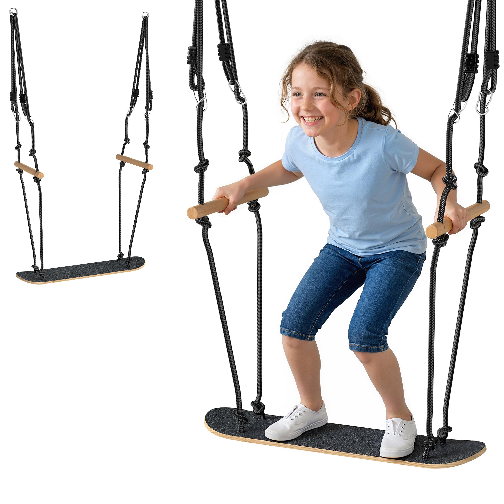 Skateboard-Style Kids Swing — Adjustable Height, Non-Slip Deck, Weatherproof Rope & Handles, Holds up to 220 lb (100 kg), Ages 3+
