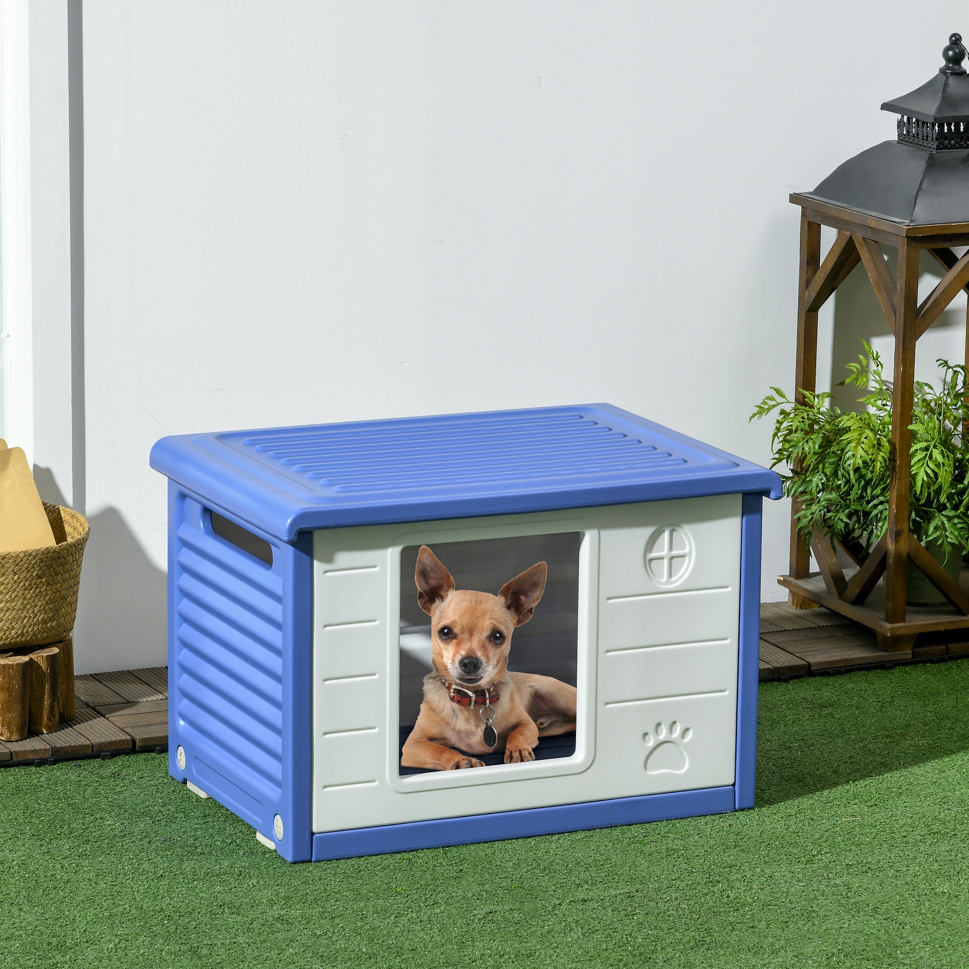 Outdoor Dog House Plastic Puppy Shelter for Dogs with Waterproof Vents, Dimensions 60L x 42W x 40H cm Blue and White