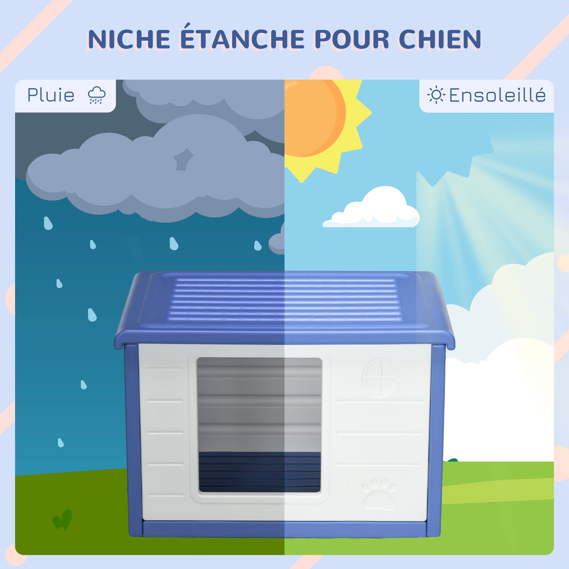 Outdoor Dog House Plastic Puppy Shelter for Dogs with Waterproof Vents, Dimensions 60L x 42W x 40H cm Blue and White