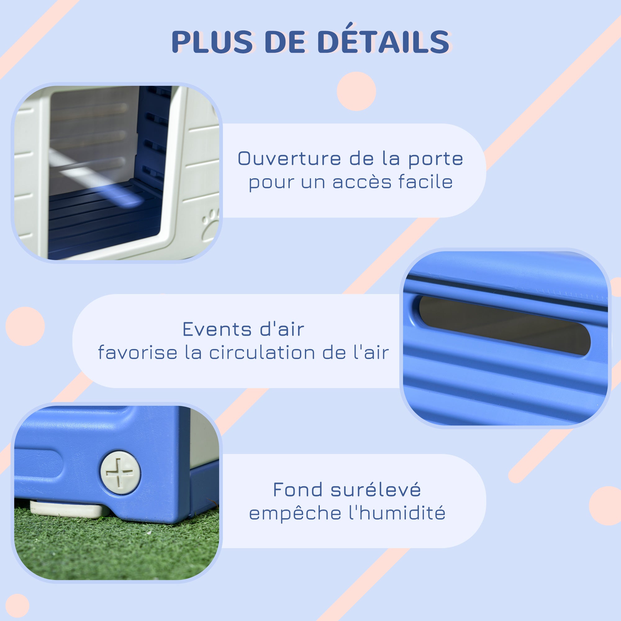 Outdoor Dog House Plastic Puppy Shelter for Dogs with Waterproof Vents, Dimensions 60L x 42W x 40H cm Blue and White