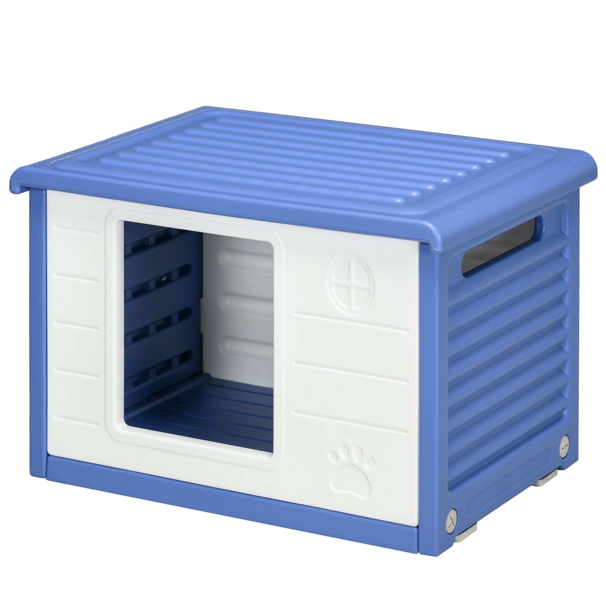 Outdoor Dog House Plastic Puppy Shelter for Dogs with Waterproof Vents, Dimensions 60L x 42W x 40H cm Blue and White