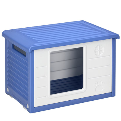 Outdoor Dog House Plastic Puppy Shelter for Dogs with Waterproof Vents, Dimensions 60L x 42W x 40H cm Blue and White