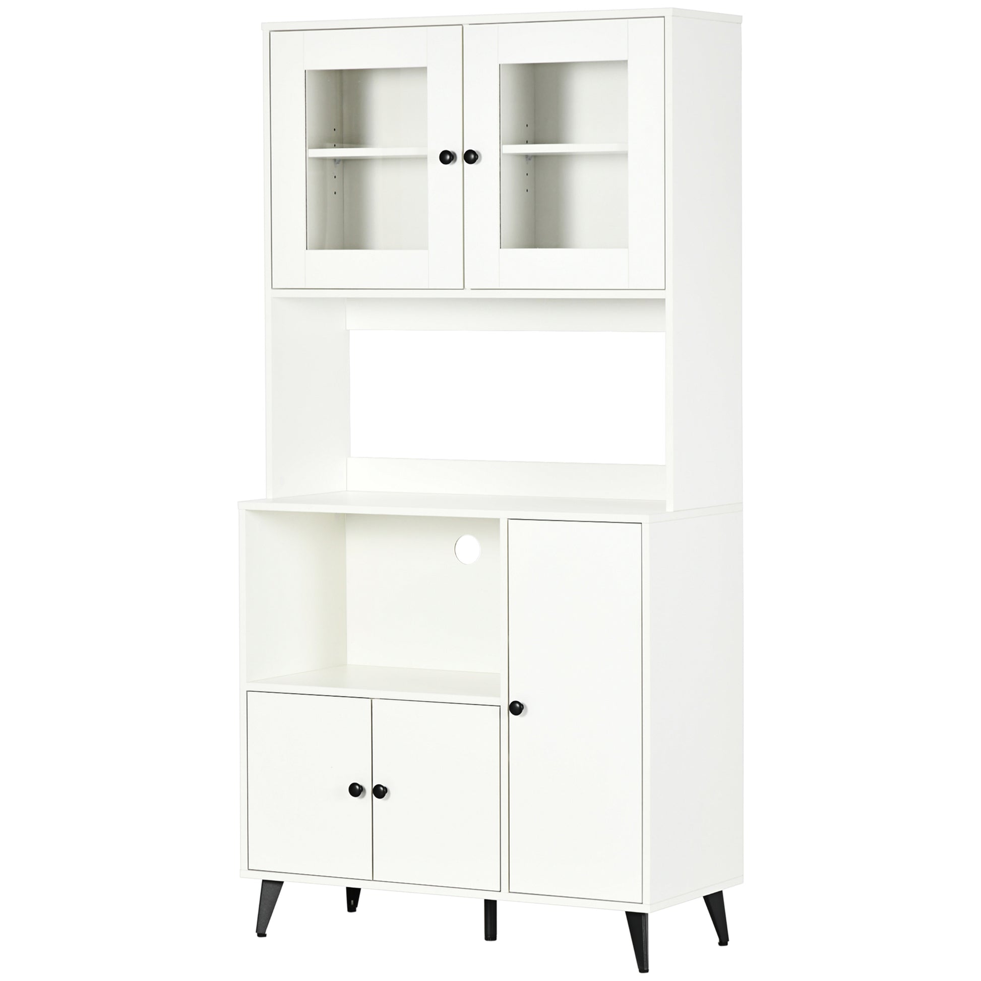Kitchen Cabinet Buffet Storage Unit with 3 Cupboards, Niches, Adjustable Shelves, Glass Doors, Cable Management, Microwave Stand for Dining Room, Living Room, 90x40x180cm, White