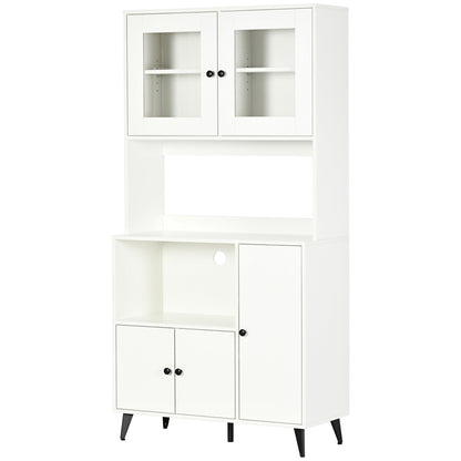 Kitchen Cabinet Buffet Storage Unit with 3 Cupboards, Niches, Adjustable Shelves, Glass Doors, Cable Management, Microwave Stand for Dining Room, Living Room, 90x40x180cm, White