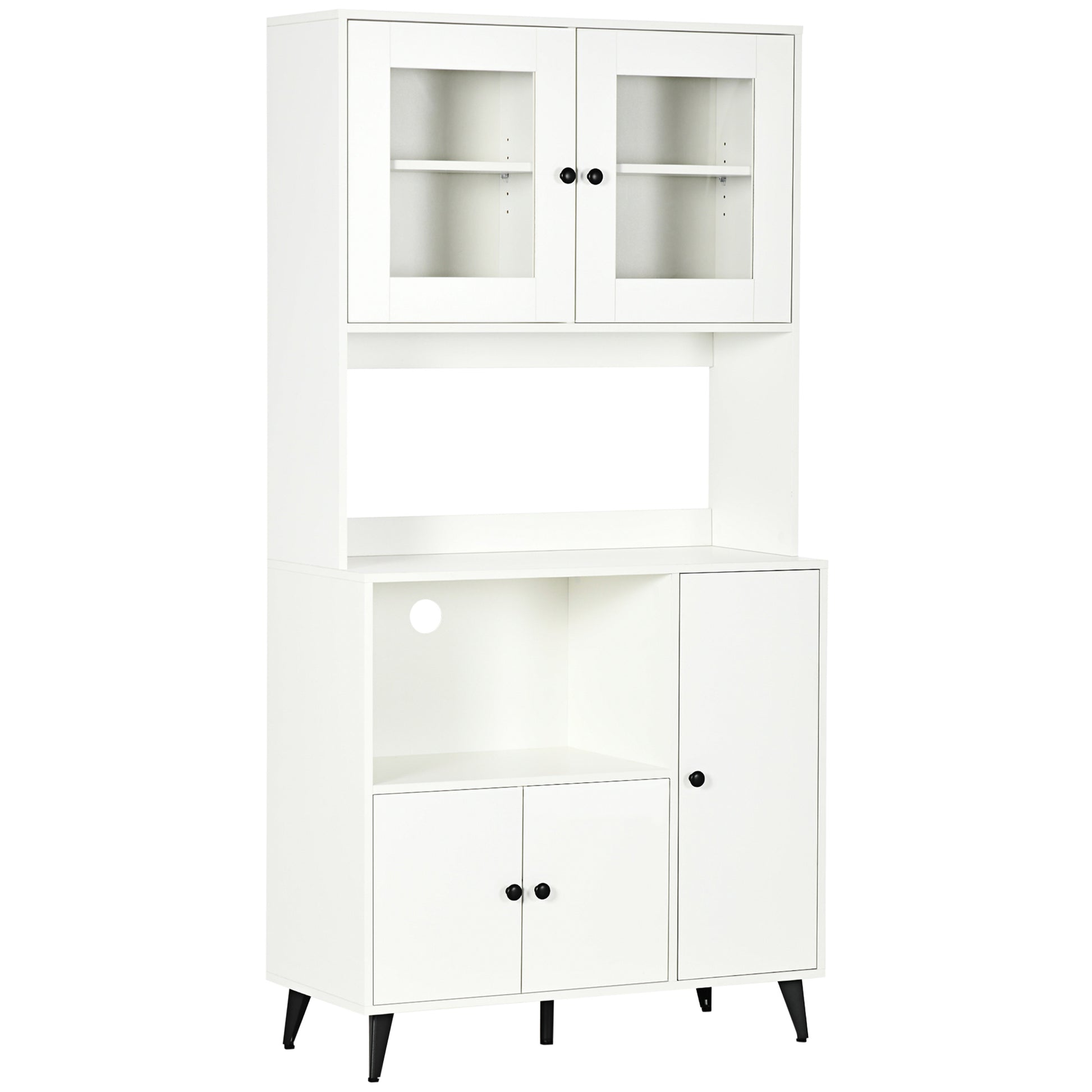 Kitchen Cabinet Buffet Storage Unit with 3 Cupboards, Niches, Adjustable Shelves, Glass Doors, Cable Management, Microwave Stand for Dining Room, Living Room, 90x40x180cm, White