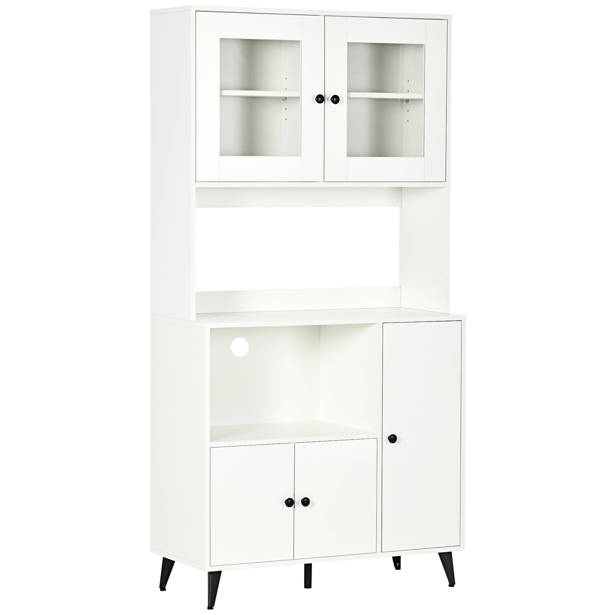 Kitchen Cabinet Buffet Storage Unit with 3 Cupboards, Niches, Adjustable Shelves, Glass Doors, Cable Management, Microwave Stand for Dining Room, Living Room, 90x40x180cm, White