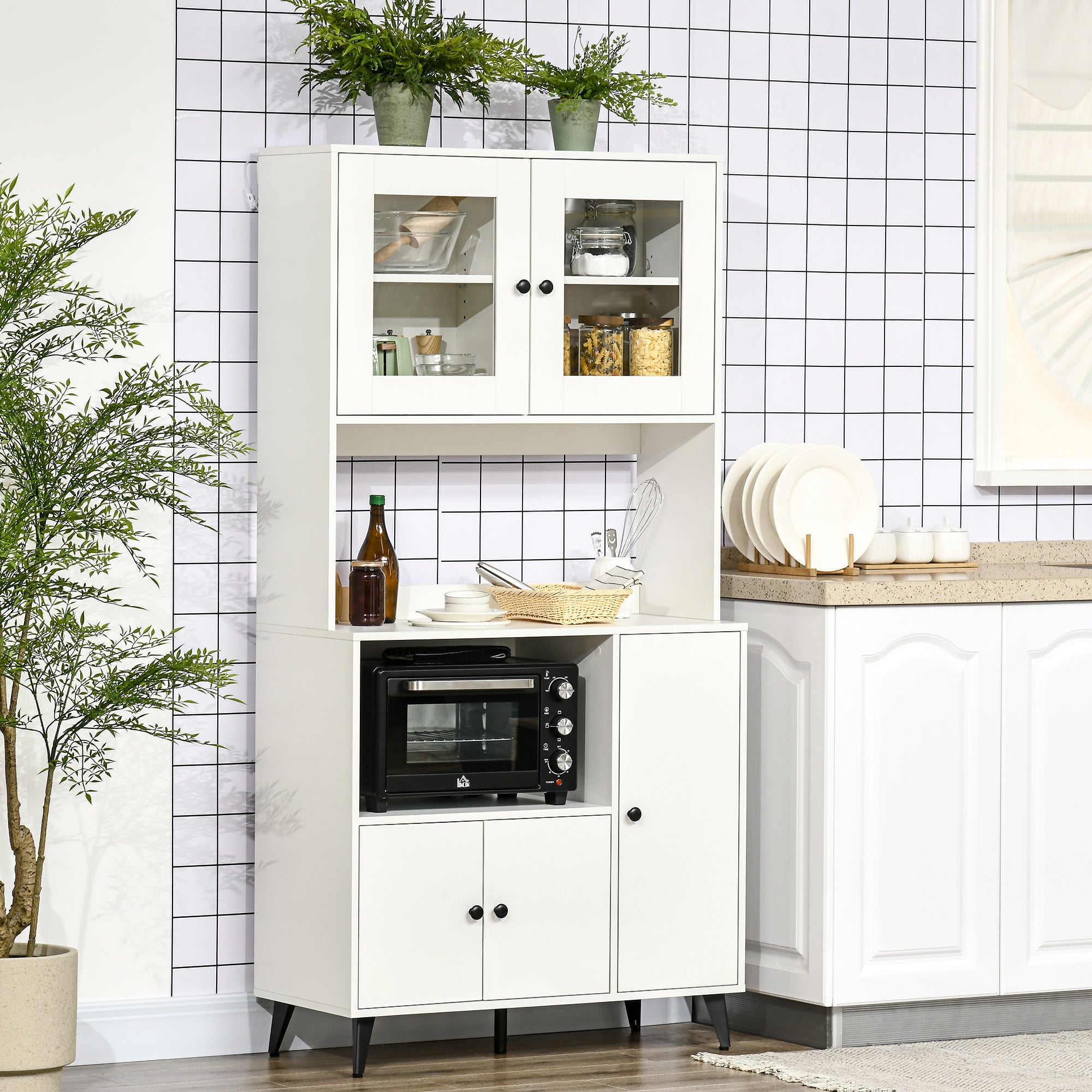 Kitchen Cabinet Buffet Storage Unit with 3 Cupboards, Niches, Adjustable Shelves, Glass Doors, Cable Management, Microwave Stand for Dining Room, Living Room, 90x40x180cm, White