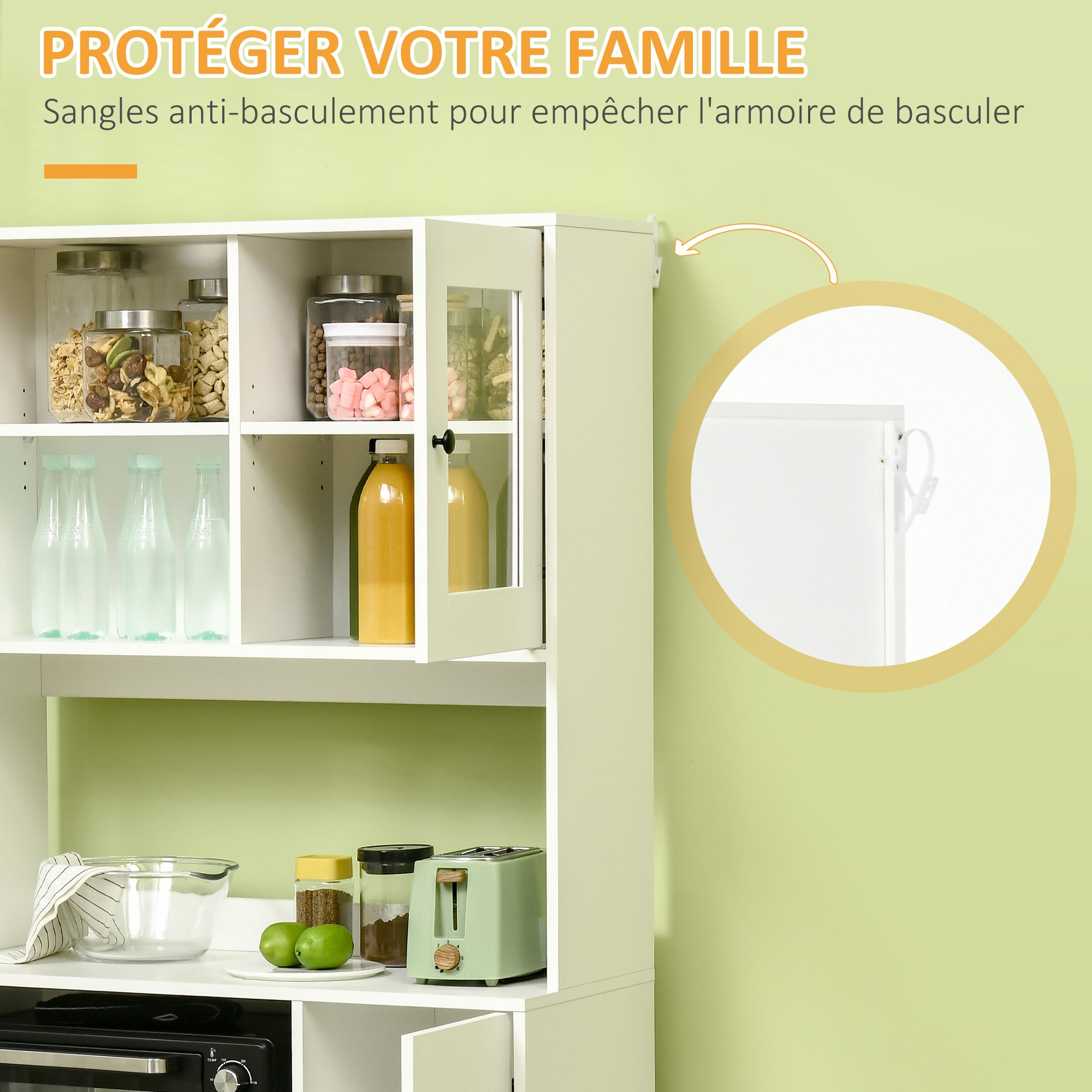 Kitchen Cabinet Buffet Storage Unit with 3 Cupboards, Niches, Adjustable Shelves, Glass Doors, Cable Management, Microwave Stand for Dining Room, Living Room, 90x40x180cm, White