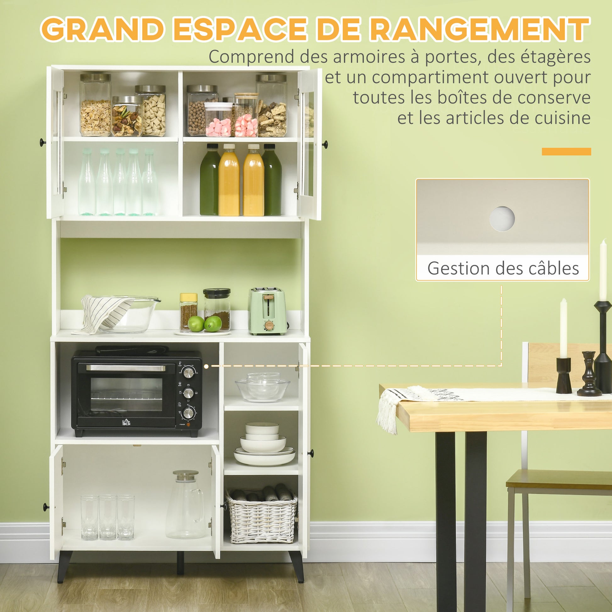 Kitchen Cabinet Buffet Storage Unit with 3 Cupboards, Niches, Adjustable Shelves, Glass Doors, Cable Management, Microwave Stand for Dining Room, Living Room, 90x40x180cm, White