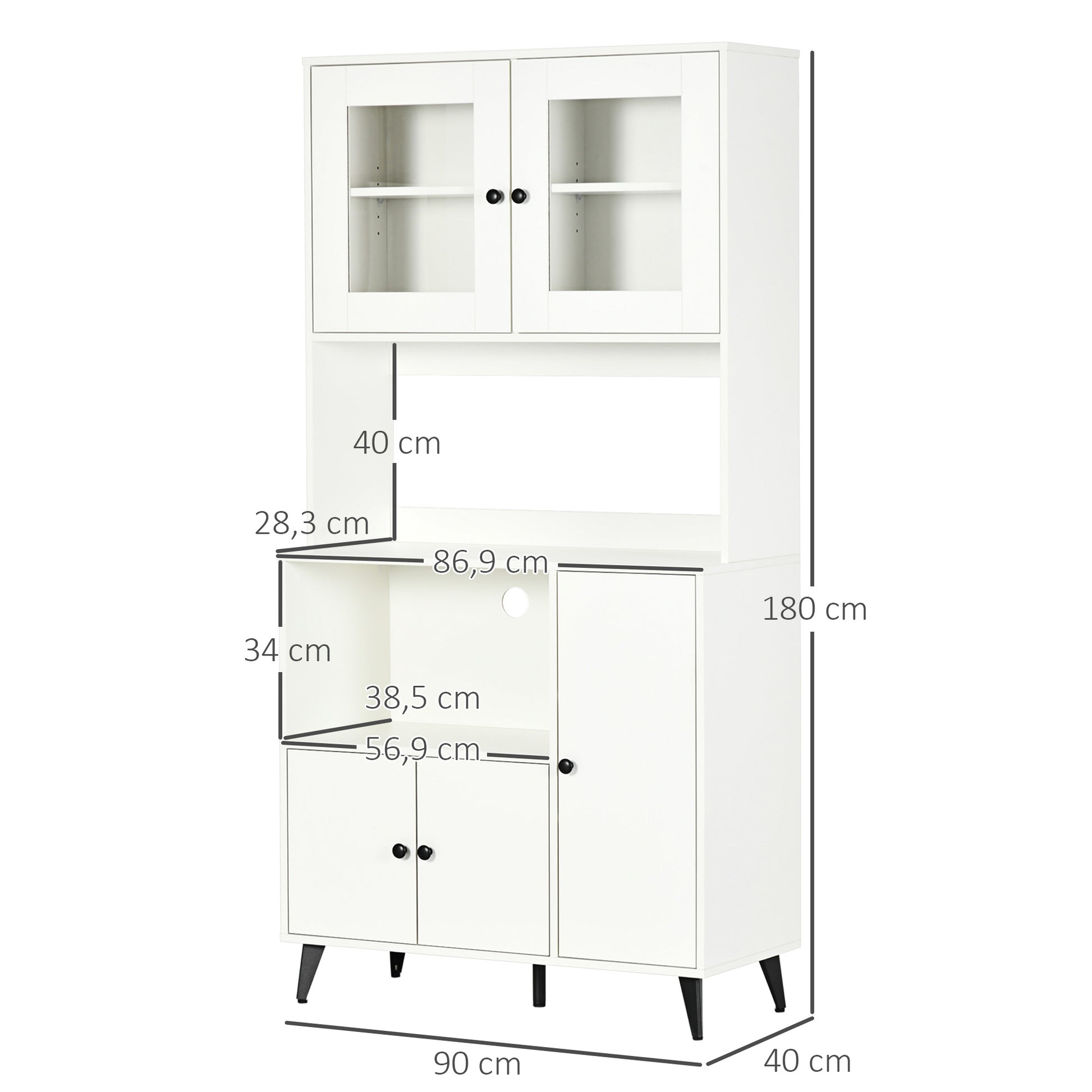 Kitchen Cabinet Buffet Storage Unit with 3 Cupboards, Niches, Adjustable Shelves, Glass Doors, Cable Management, Microwave Stand for Dining Room, Living Room, 90x40x180cm, White