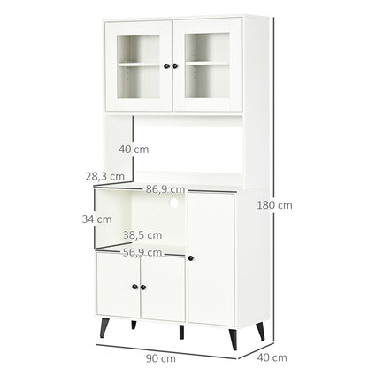Kitchen Cabinet Buffet Storage Unit with 3 Cupboards, Niches, Adjustable Shelves, Glass Doors, Cable Management, Microwave Stand for Dining Room, Living Room, 90x40x180cm, White