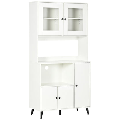 Kitchen Cabinet Buffet Storage Unit with 3 Cupboards, Niches, Adjustable Shelves, Glass Doors, Cable Management, Microwave Stand for Dining Room, Living Room, 90x40x180cm, White