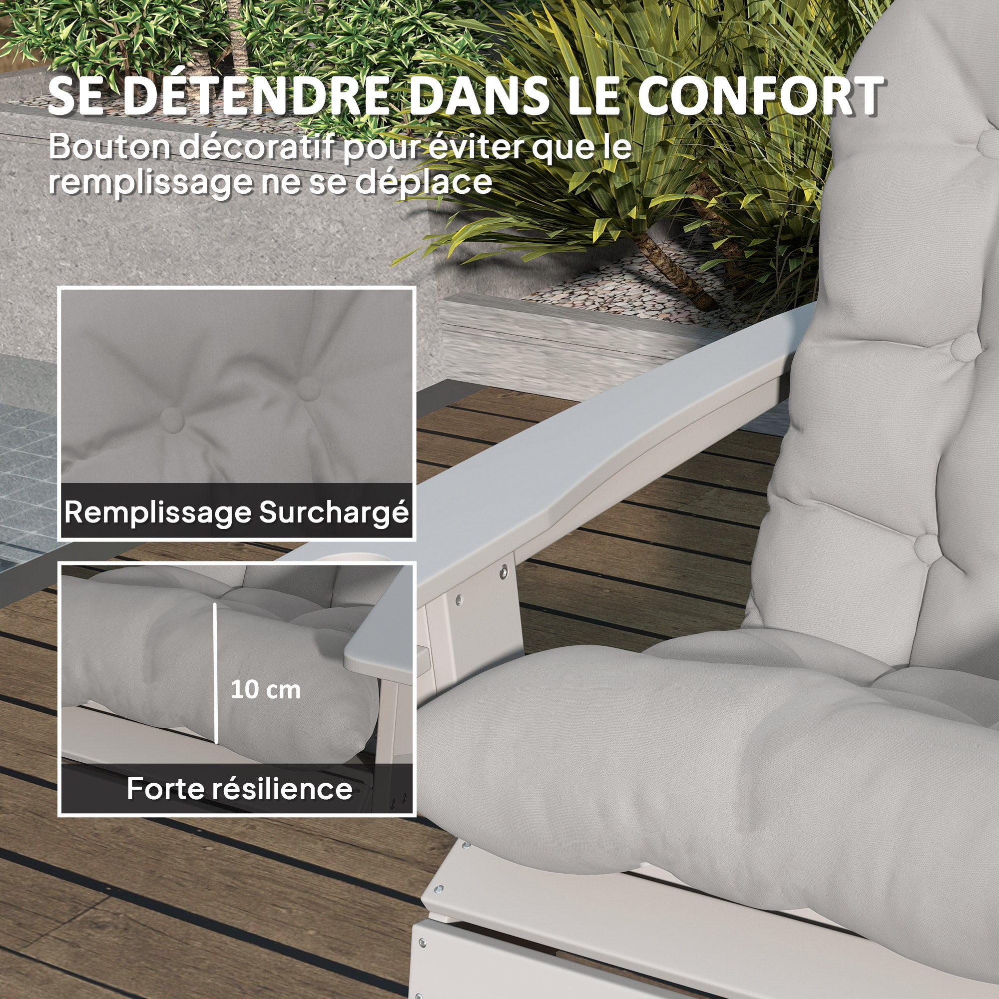 Set of 2 Seat Cushions for Adirondack Chair with Secure Attachments, Tufted Design Adirondack Chair Cushion, Soft and Thick High Back Chair Cushion, Light Gray