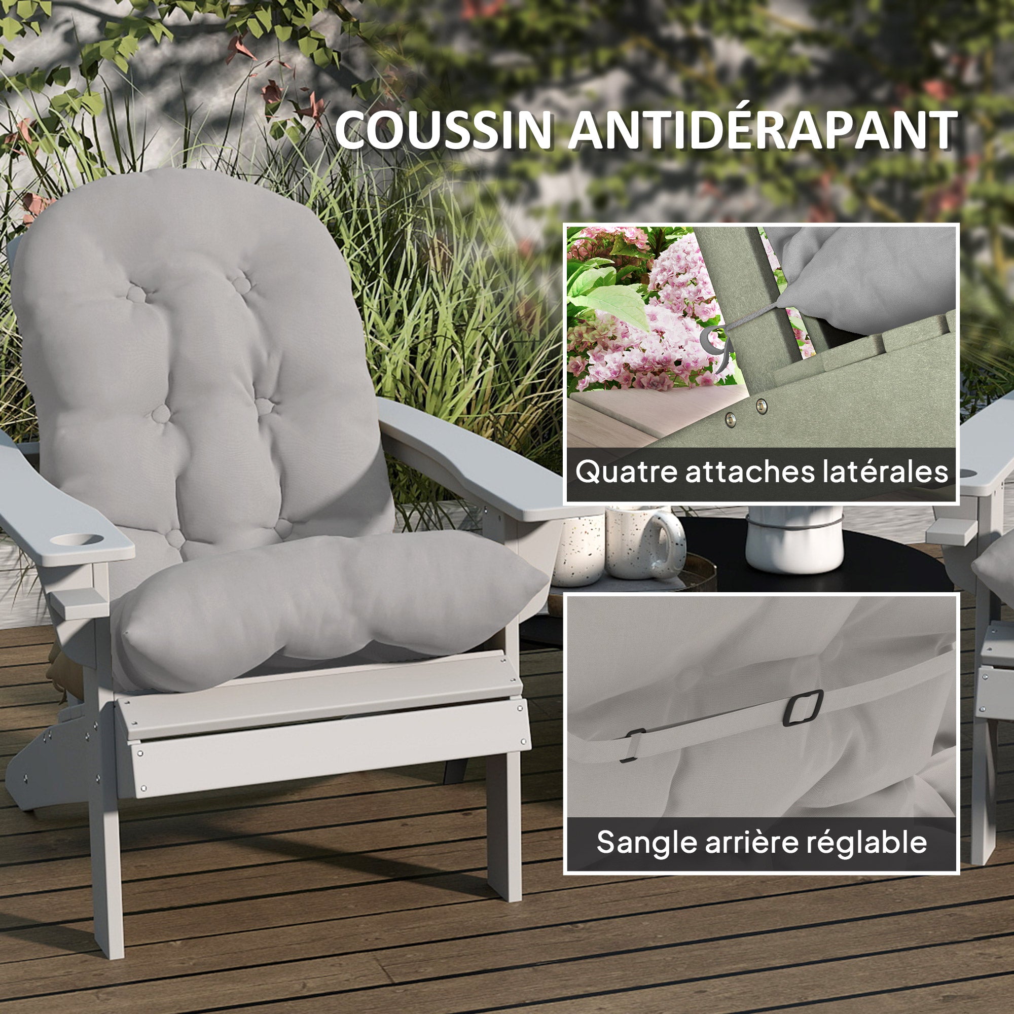 Set of 2 Seat Cushions for Adirondack Chair with Secure Attachments, Tufted Design Adirondack Chair Cushion, Soft and Thick High Back Chair Cushion, Light Gray