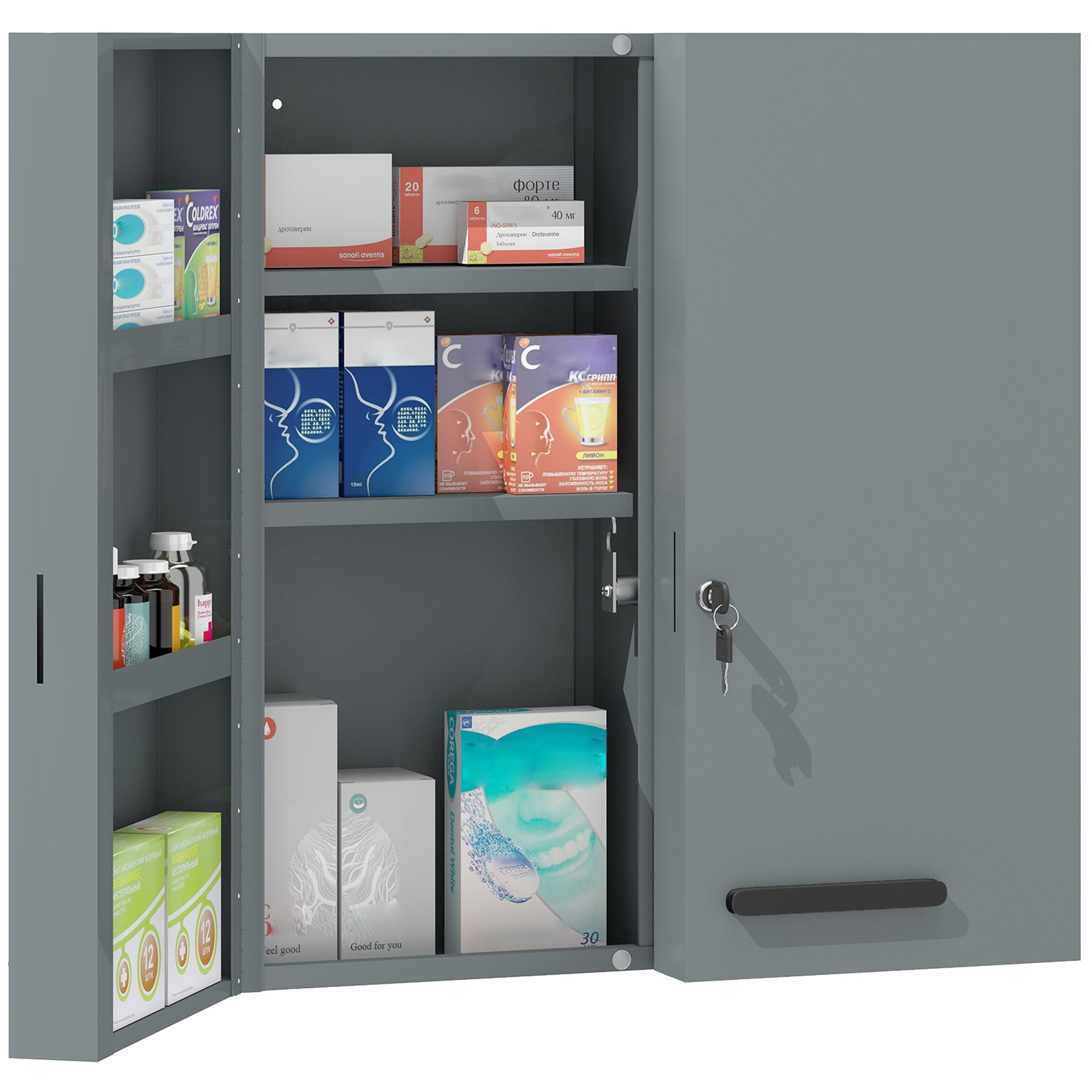 Lockable Medicine Cabinet — 2-Door Steel First-Aid Cabinet with 6 Shelves, Charcoal Gray (21.7 x 7.1 x 23.6 in)