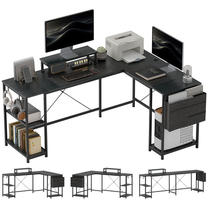 Reversible Modular Corner Desk with Storage, 66–94 in Industrial Black — Adjustable Shelves, Storage Pocket & Monitor Stand, Seats 2