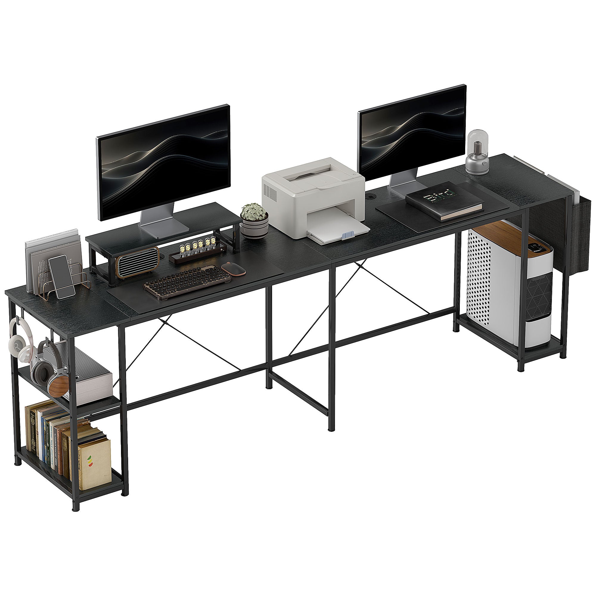 Reversible Modular Corner Desk with Storage, 66–94 in Industrial Black — Adjustable Shelves, Storage Pocket & Monitor Stand, Seats 2