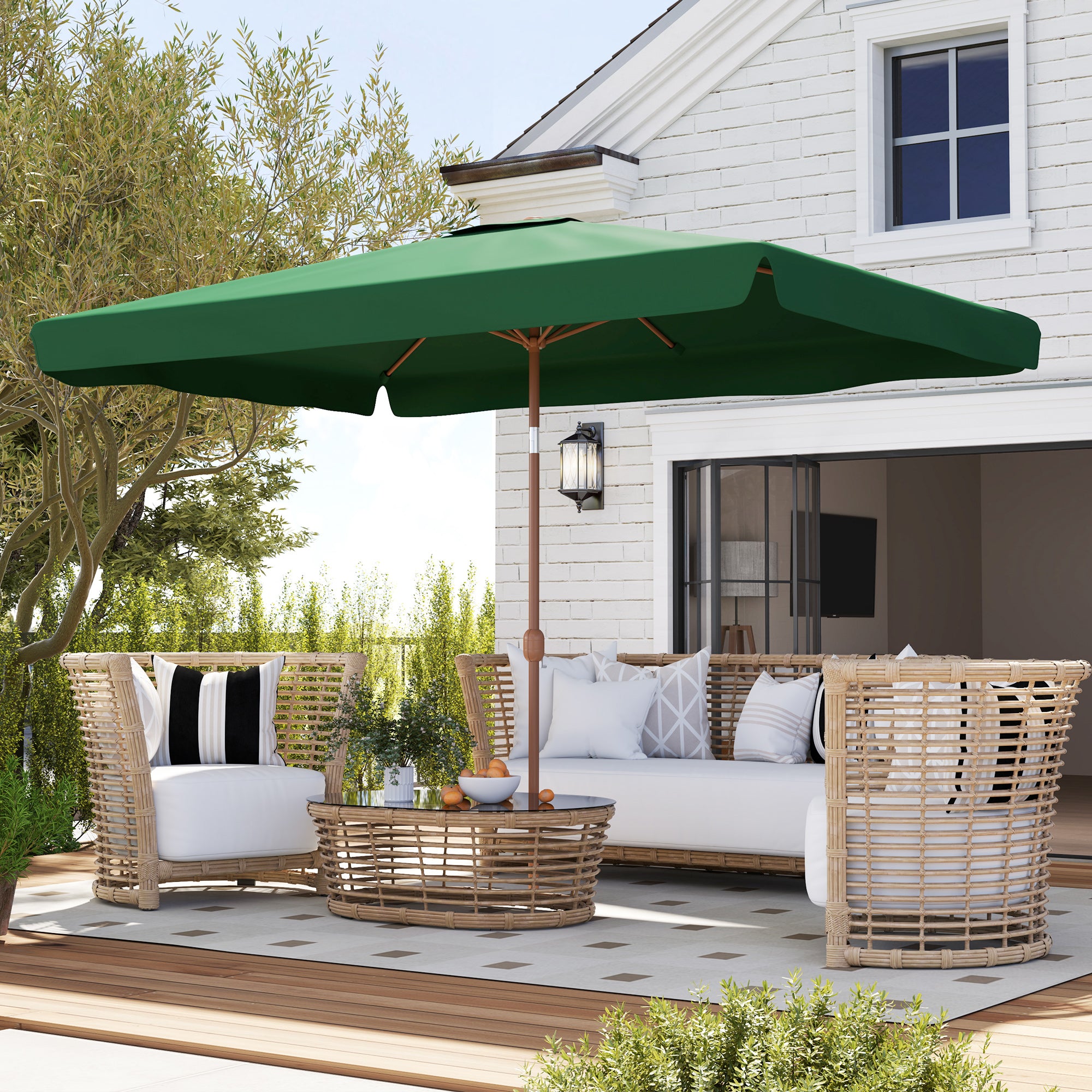 Outdoor Terrace Umbrella 300x200 cm Patio Umbrella with Adjustable Angle Aluminum Pole Crank and UV 50+ Protection Umbrella for Garden Patio Dark Green