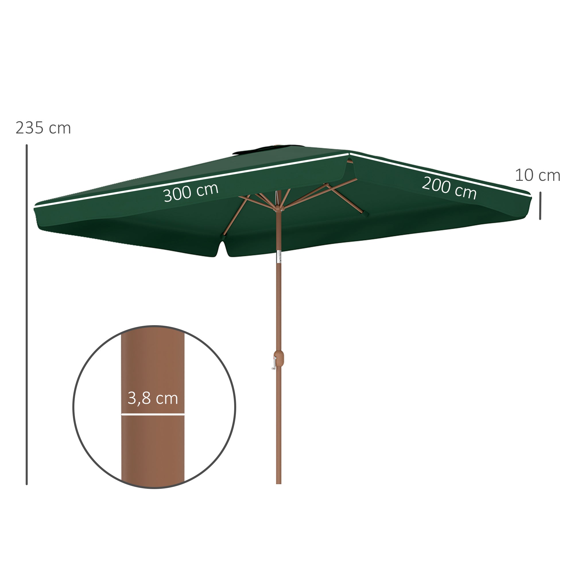 Outdoor Terrace Umbrella 300x200 cm Patio Umbrella with Adjustable Angle Aluminum Pole Crank and UV 50+ Protection Umbrella for Garden Patio Dark Green