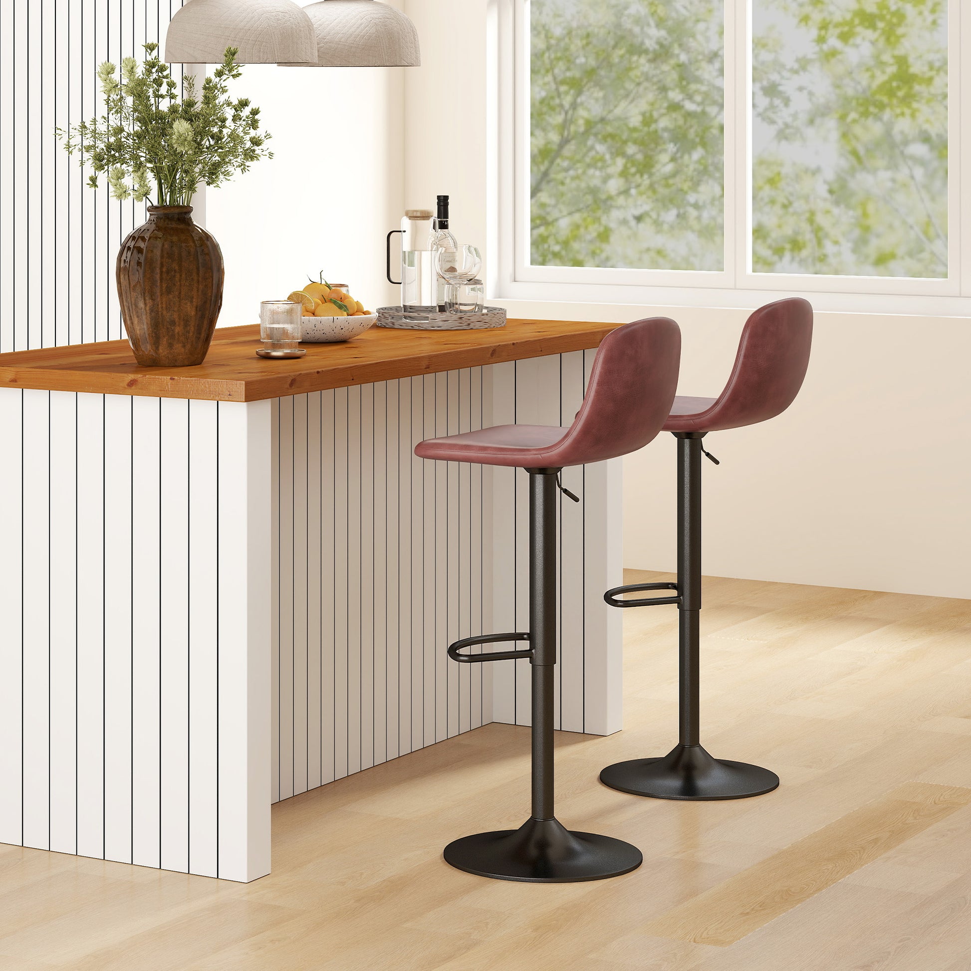 Set of 2 Bar Stools High Kitchen Stools Height Adjustable 84-104 cm with Backrest and Footrest Upholstered in PU 360° Swivel for Dining Counter Brown