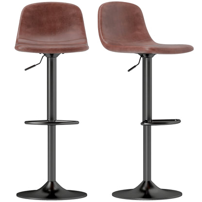 Set of 2 Bar Stools High Kitchen Stools Height Adjustable 84-104 cm with Backrest and Footrest Upholstered in PU 360° Swivel for Dining Counter Brown