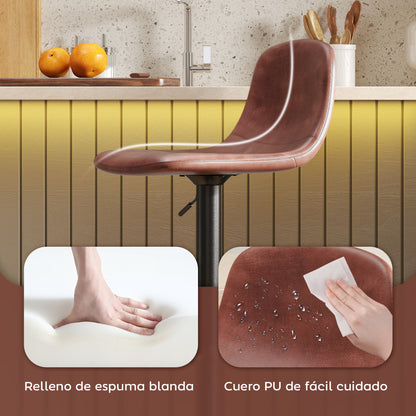 Set of 2 Bar Stools High Kitchen Stools Height Adjustable 84-104 cm with Backrest and Footrest Upholstered in PU 360° Swivel for Dining Counter Brown