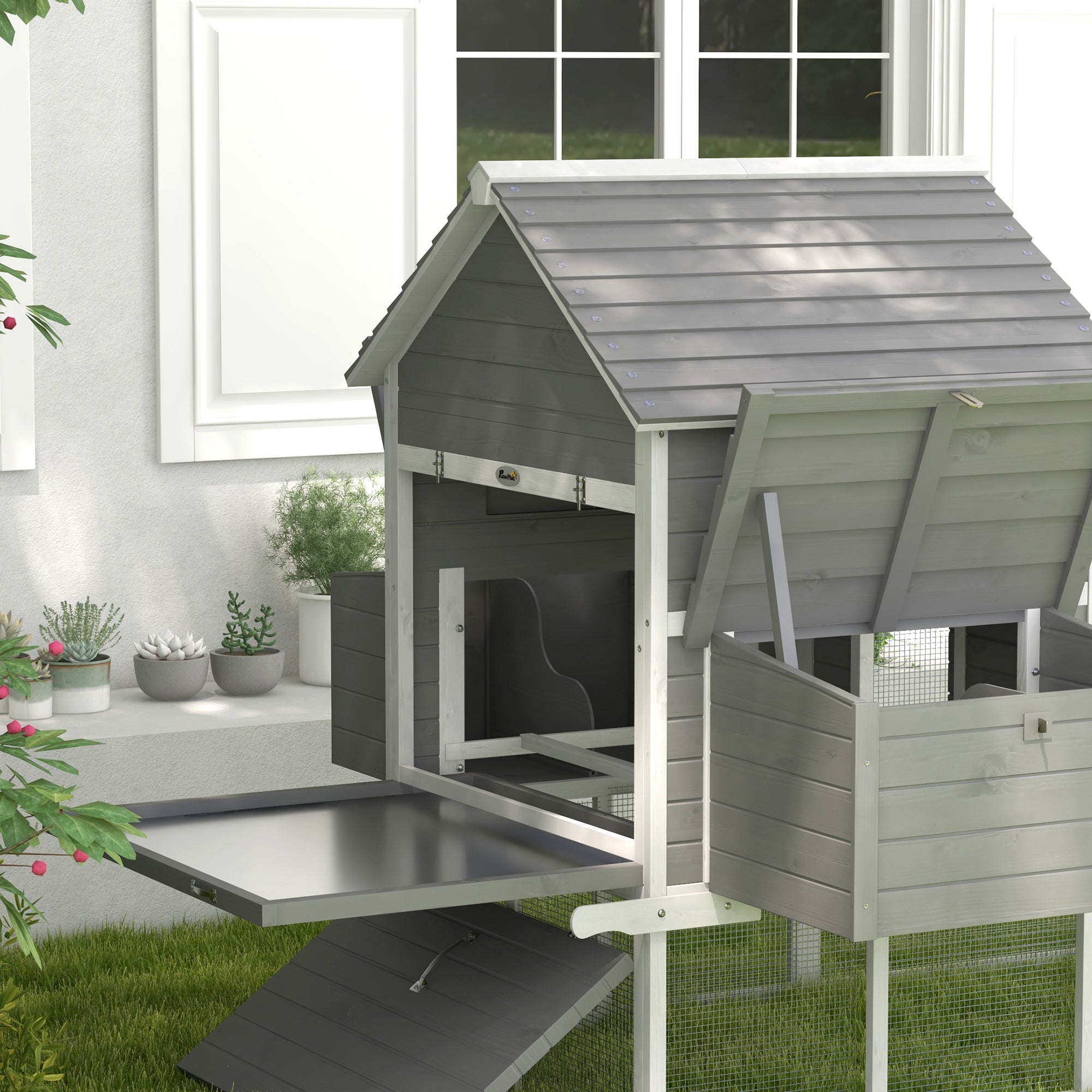 Large Wooden Henhouse 122.24x58.86x58.66 inches Outdoor Henhouse for 4-6 Hens with 2 Windows Doors Nest Removable Tray and Exterior Ramp Gray