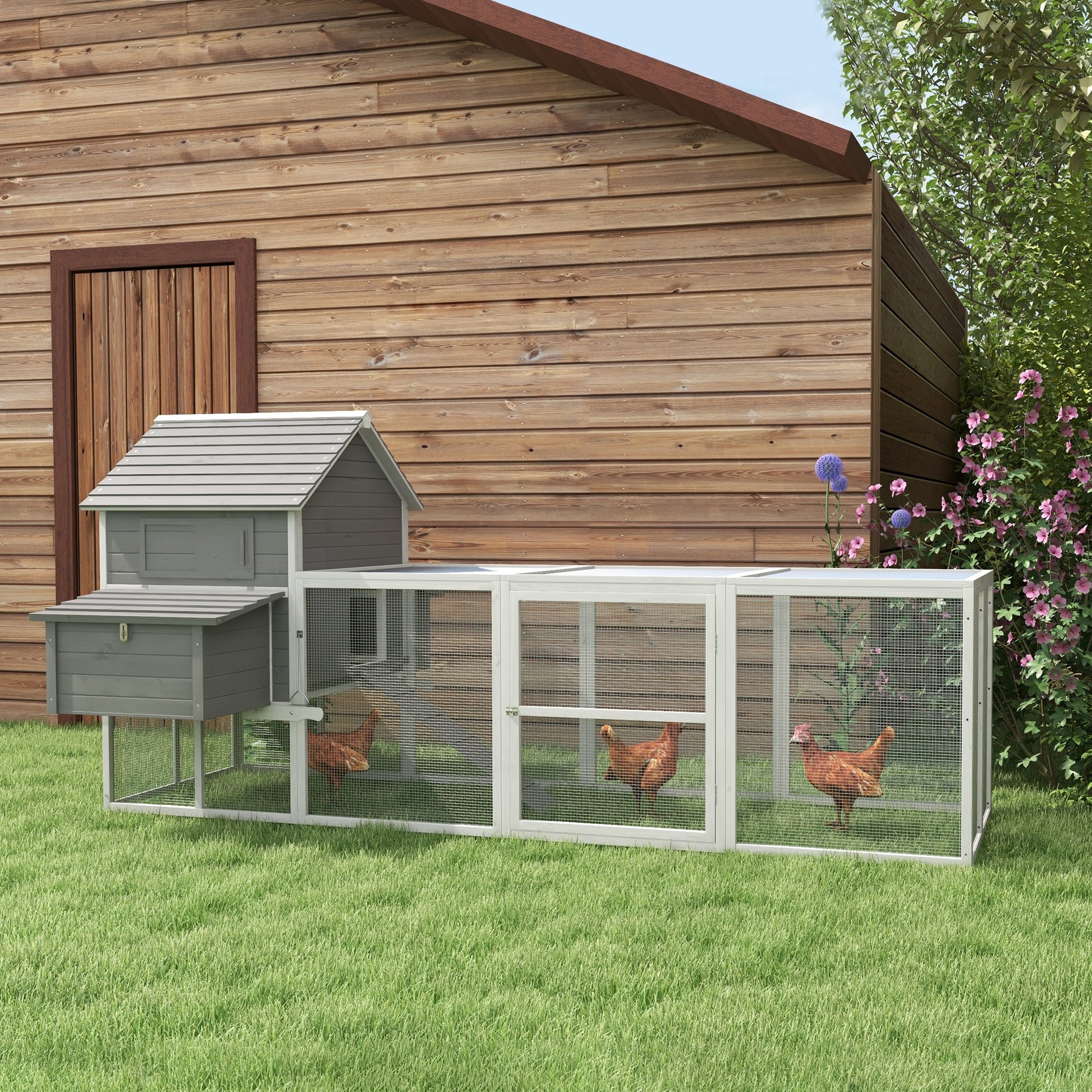 Large Wooden Henhouse 122.24x58.86x58.66 inches Outdoor Henhouse for 4-6 Hens with 2 Windows Doors Nest Removable Tray and Exterior Ramp Gray