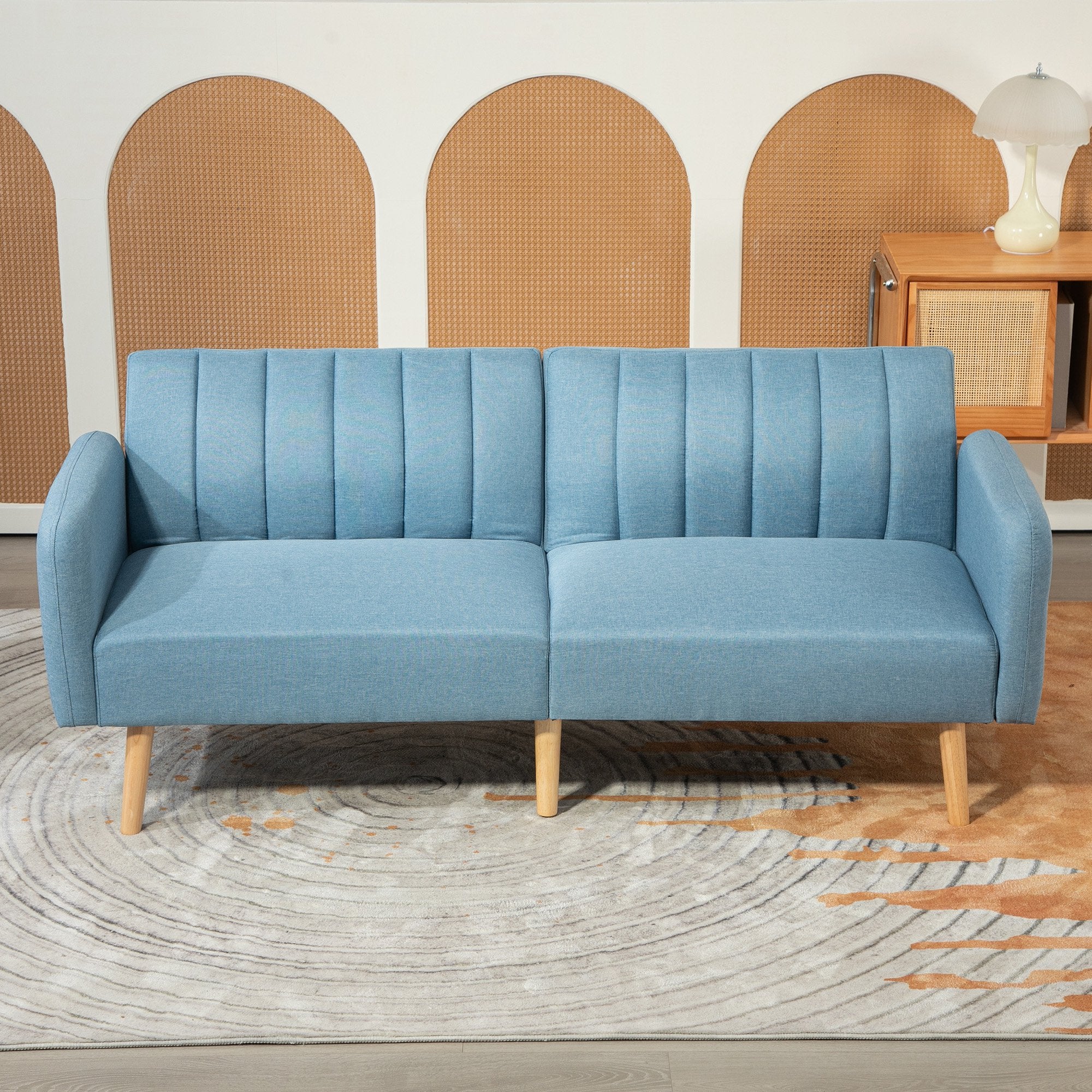 2-Seater Modern Sofa Bed 173x75x73 cm Foldable Sofa Bed Upholstered in Synthetic Linen with 3-Level Adjustable Backrest and Detachable Armrests for Living Room Office Light Blue