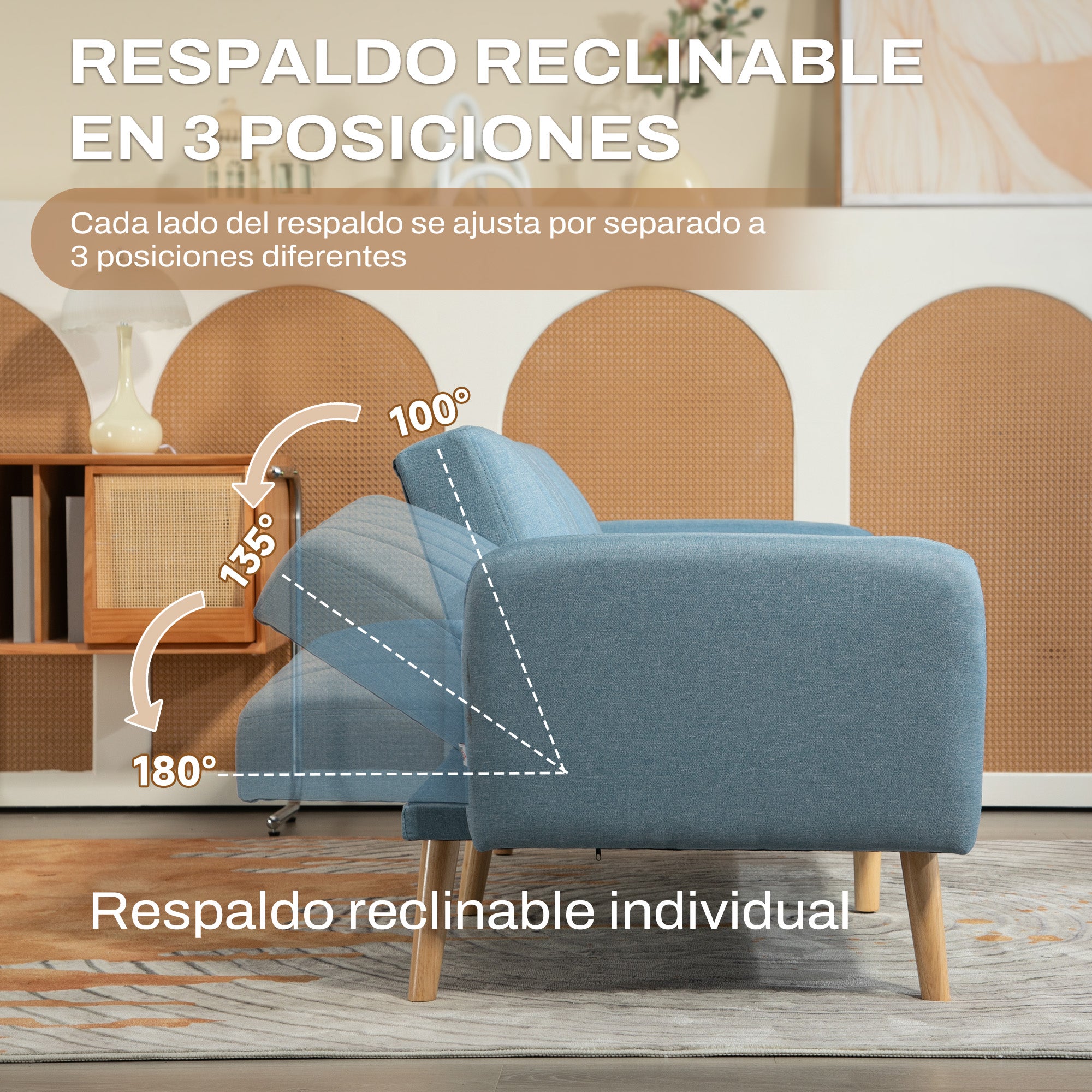 2-Seater Modern Sofa Bed 173x75x73 cm Foldable Sofa Bed Upholstered in Synthetic Linen with 3-Level Adjustable Backrest and Detachable Armrests for Living Room Office Light Blue