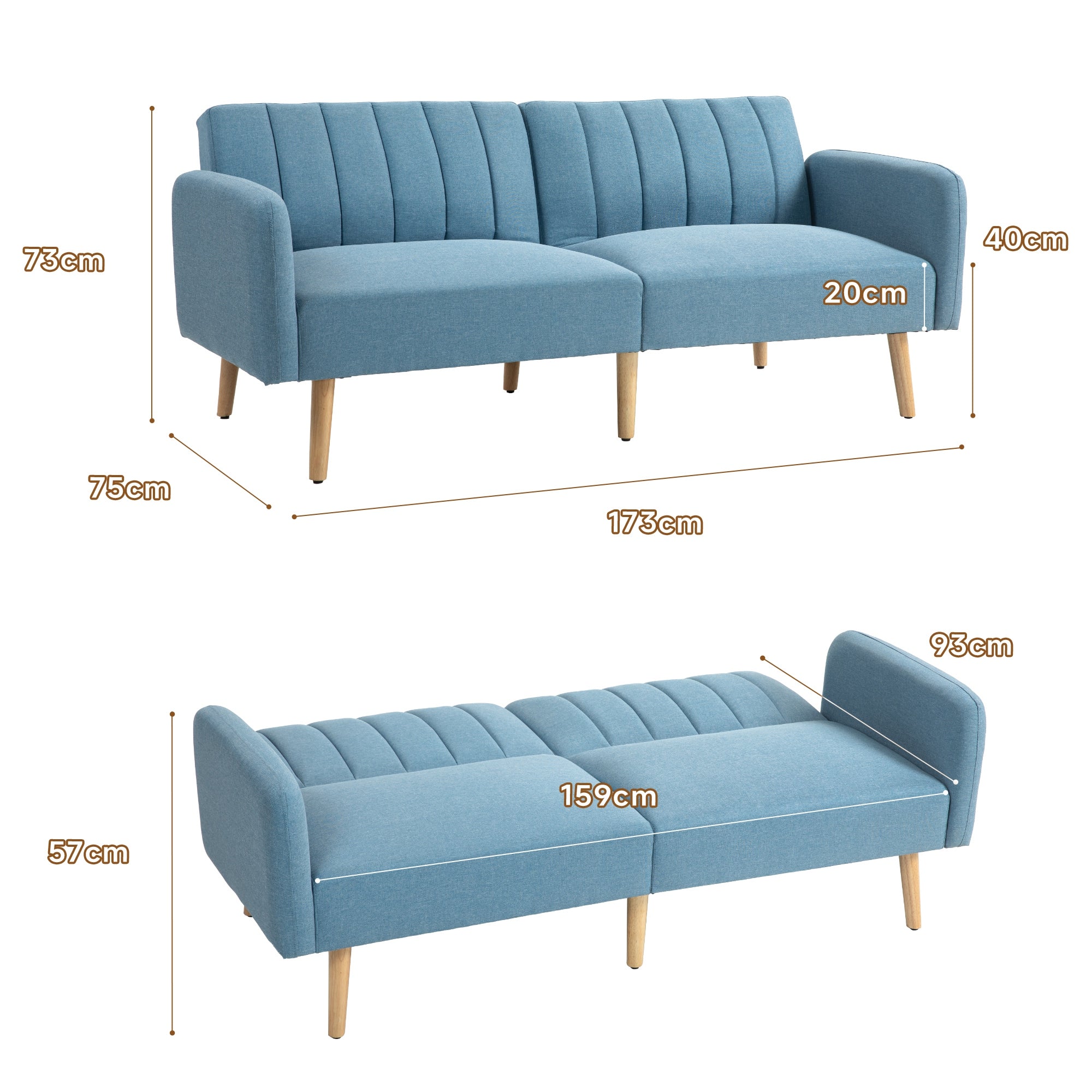 2-Seater Modern Sofa Bed 173x75x73 cm Foldable Sofa Bed Upholstered in Synthetic Linen with 3-Level Adjustable Backrest and Detachable Armrests for Living Room Office Light Blue