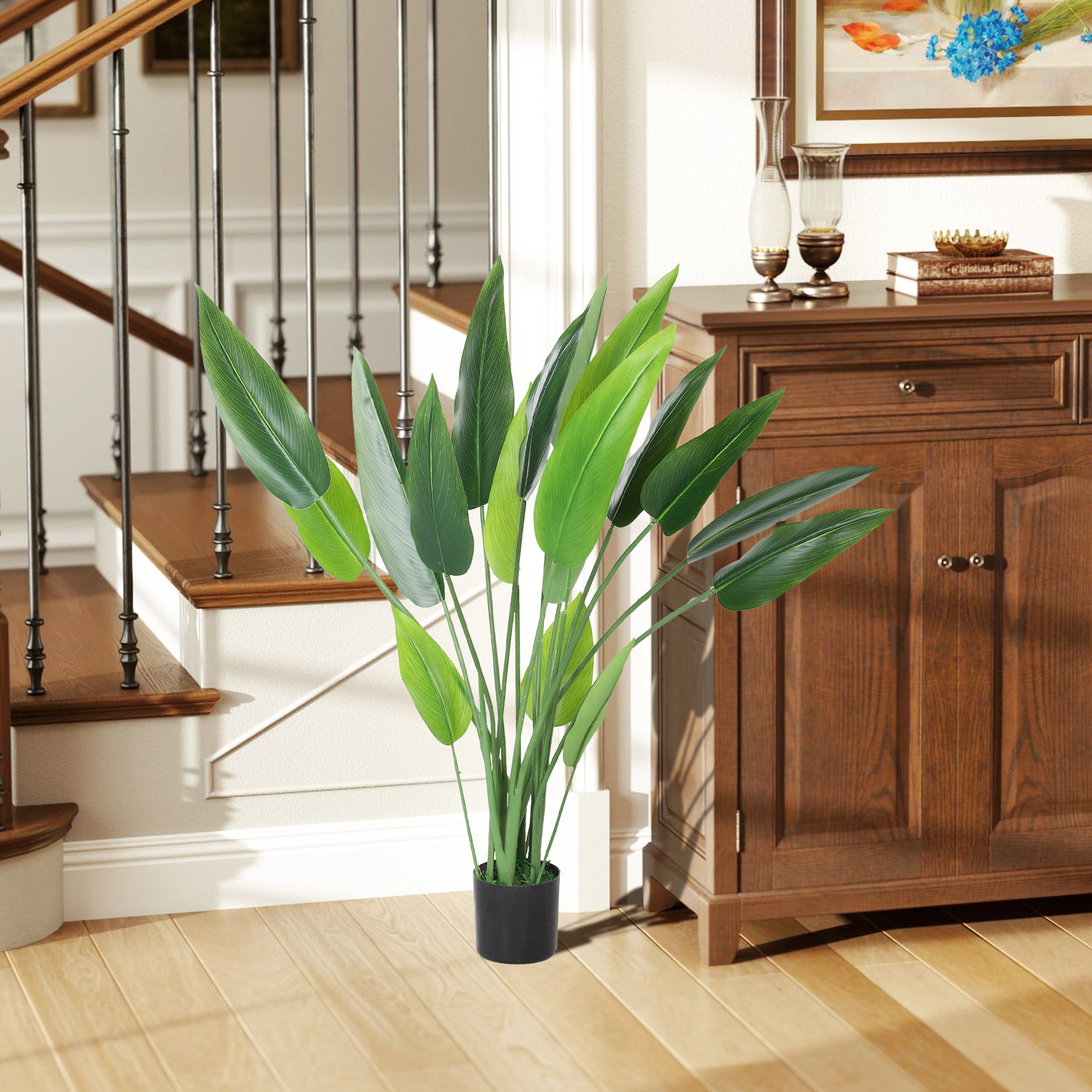 Artificial Bird of Paradise Large 110 cm Artificial Plant, Plastic Artificial Bird of Paradise Plant lifelike, Artificial Tree in Pot with Artificial Grass, Artificial Moss for Living Room Bedroom