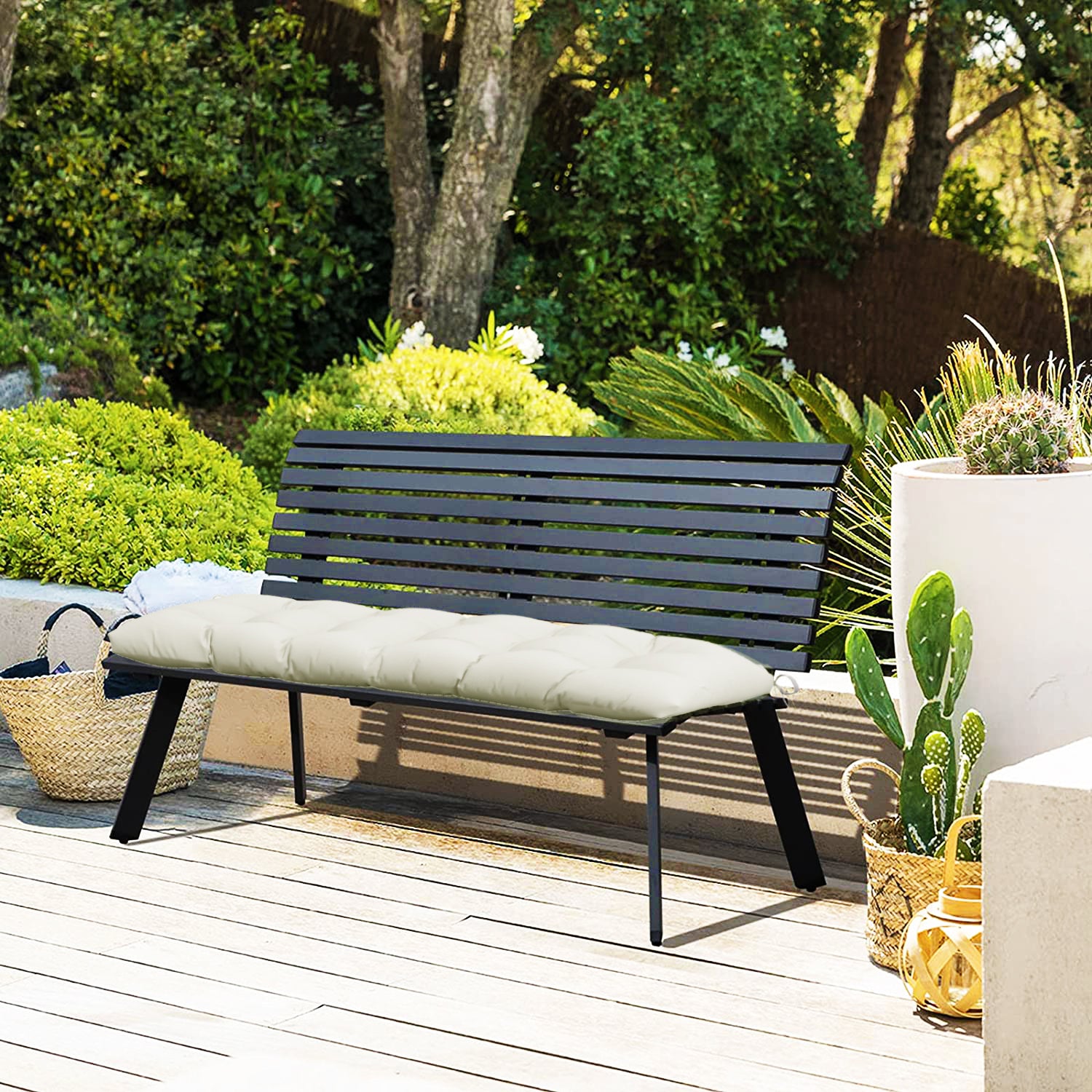 Bench Cushion 128x48x8 cm Garden Bench Mattress with 2 Fixing Cords Waterproof and UV 50+ Protection for Garden Swing Terrace Cream